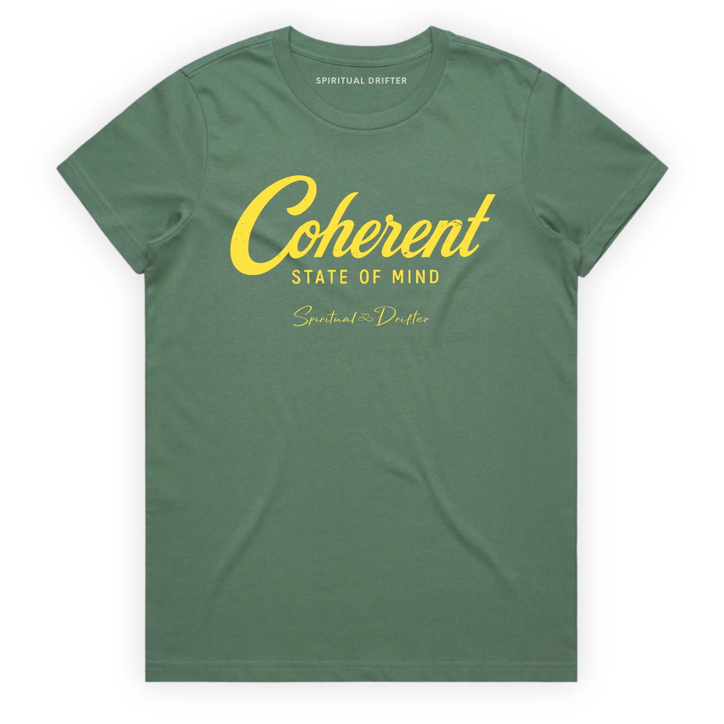 Women's Classic Cotton - Coherent State of Mind T-Shirt in sage - spiritual graphic t-shirt for meditation, mindfulness, conscious living, personal growth, yoga lifestyle, and aligned everyday fashion.
