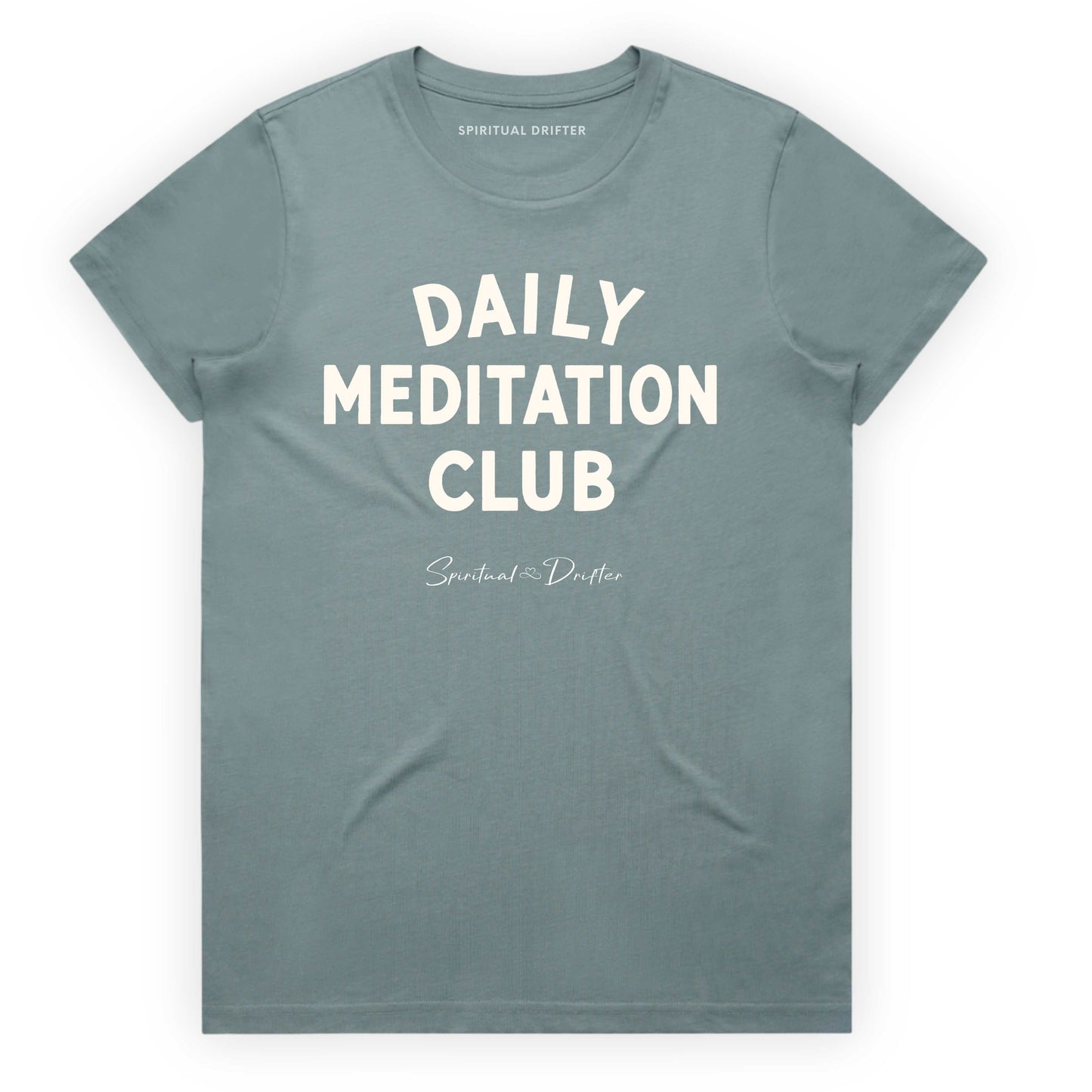 Mineral Gray Blue Spiritual Drifter t-shirt with 'Daily Meditation Club' text on a white background. Elevated spiritual apparel inspired by meditation, mindfulness, yoga, positive vibes, law of attraction and conscious living.