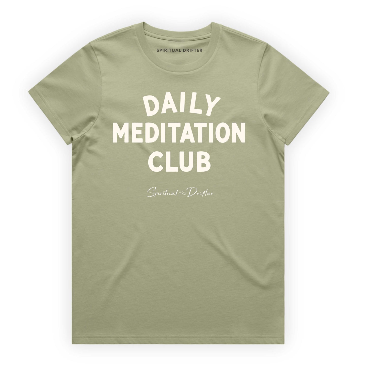 Pistachio Green Spiritual Drifter t-shirt with 'Daily Meditation Club' text on a white background. Elevated spiritual apparel inspired by meditation, mindfulness, yoga, positive vibes, law of attraction and conscious living.