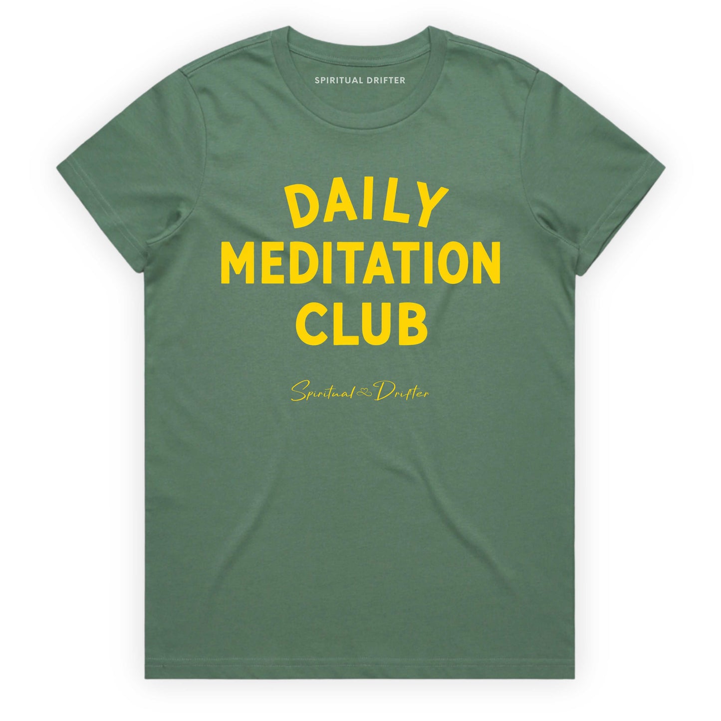 Sage Green Spiritual Drifter t-shirt with 'Daily Meditation Club' text on a white background. Elevated spiritual apparel inspired by meditation, mindfulness, yoga, positive vibes, law of attraction and conscious living.
