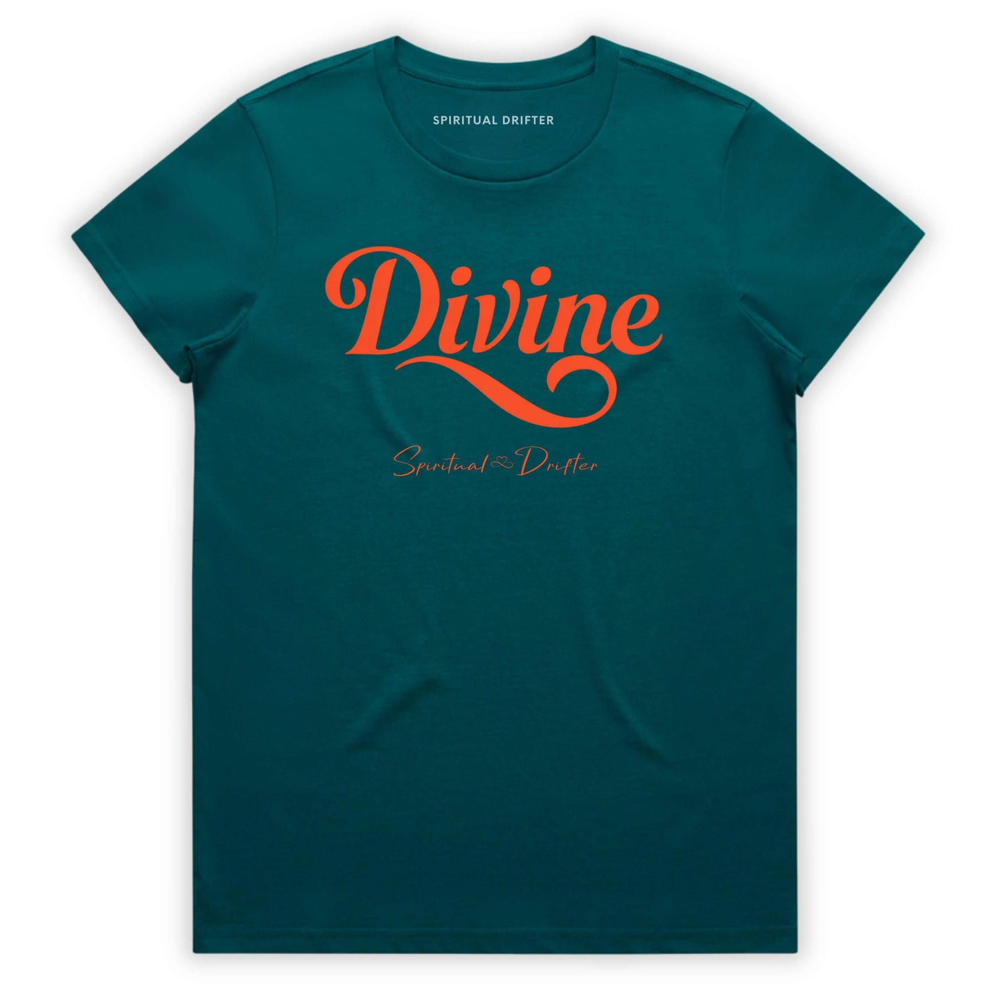 Teal Spiritual Drifter t-shirt with 'Divine' in red text on a white background. Spiritual apparel inspired by modern mysticism, meditation, manifestation, sacred medicine and conscious living. Yoga and meditation clothing for awakened souls.