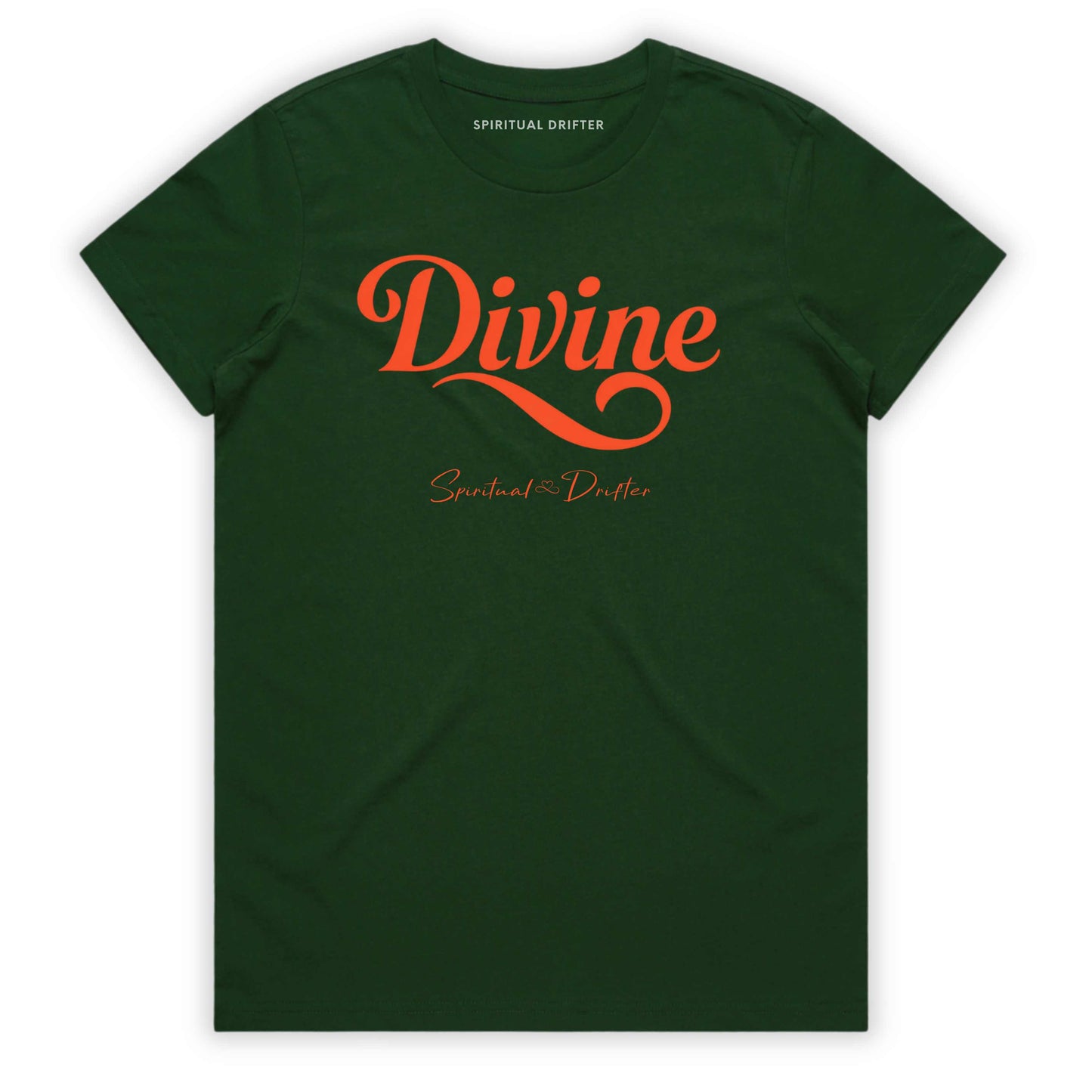 Forest Green Spiritual Drifter t-shirt with 'Divine' in red text on a white background. Spiritual apparel inspired by modern mysticism, meditation, manifestation, sacred medicine and conscious living. Yoga and meditation clothing for awakened souls.