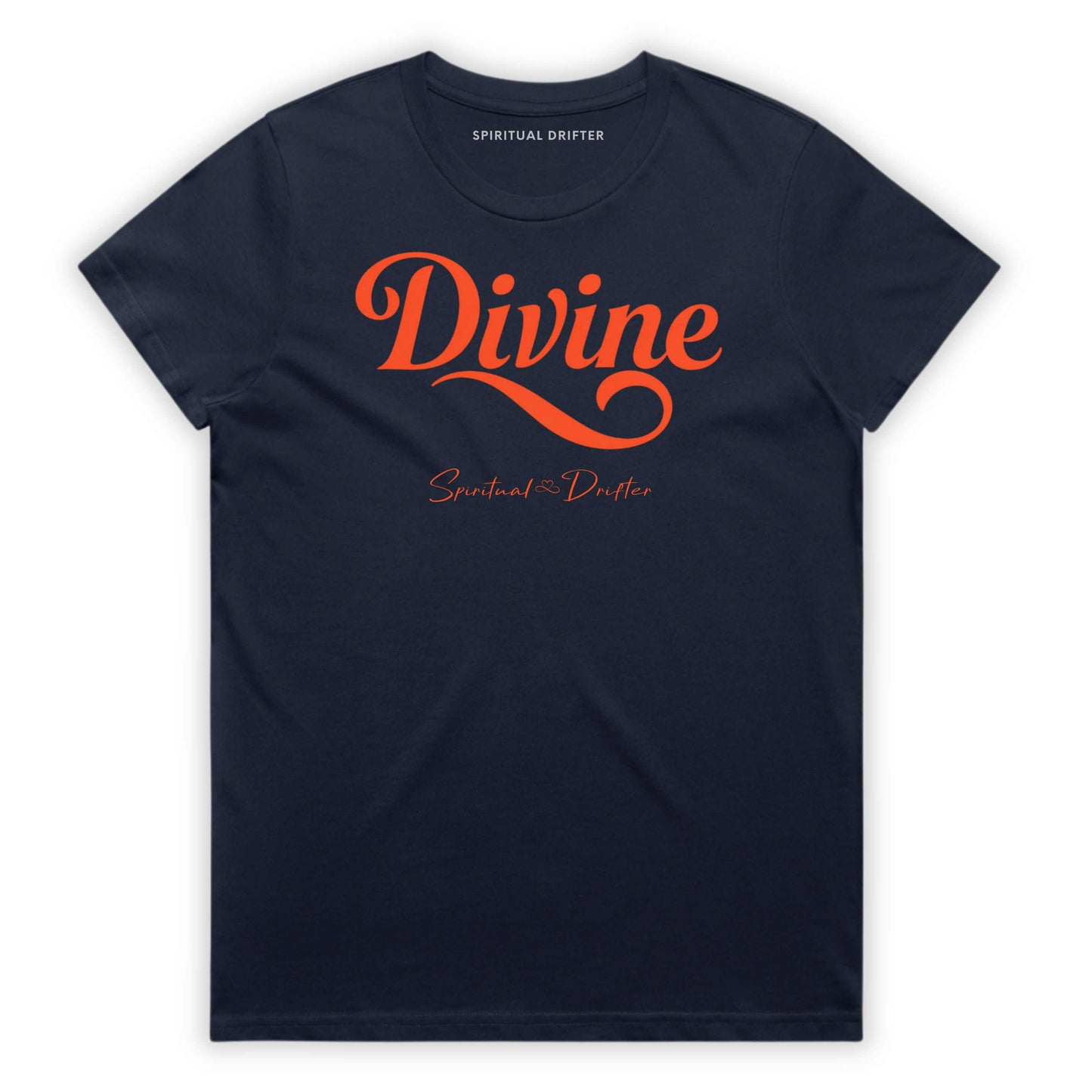 Midnight Blue Spiritual Drifter t-shirt with 'Divine' in red text on a white background. Spiritual apparel inspired by modern mysticism, meditation, manifestation, sacred medicine and conscious living. Yoga and meditation clothing for awakened souls.