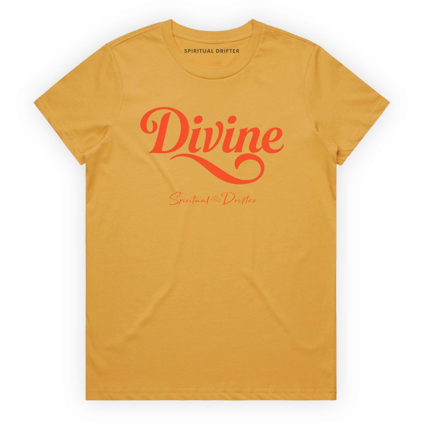 Mustard Yellow Spiritual Drifter t-shirt with 'Divine' in red text on a white background. Spiritual apparel inspired by modern mysticism, meditation, manifestation, sacred medicine and conscious living. Yoga and meditation clothing for awakened souls.