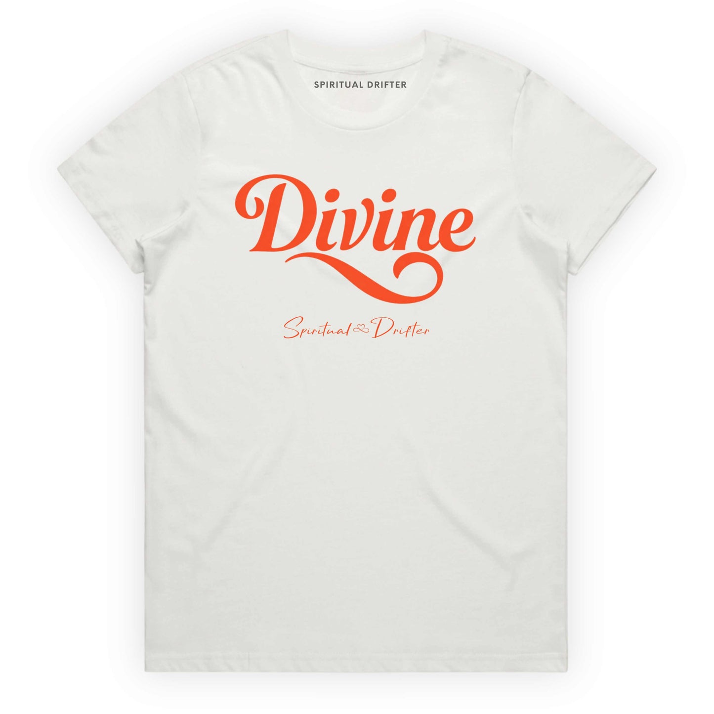 White Spiritual Drifter t-shirt with 'Divine' in red text on a white background. Spiritual apparel inspired by modern mysticism, meditation, manifestation, sacred medicine and conscious living. Yoga and meditation clothing for awakened souls.
