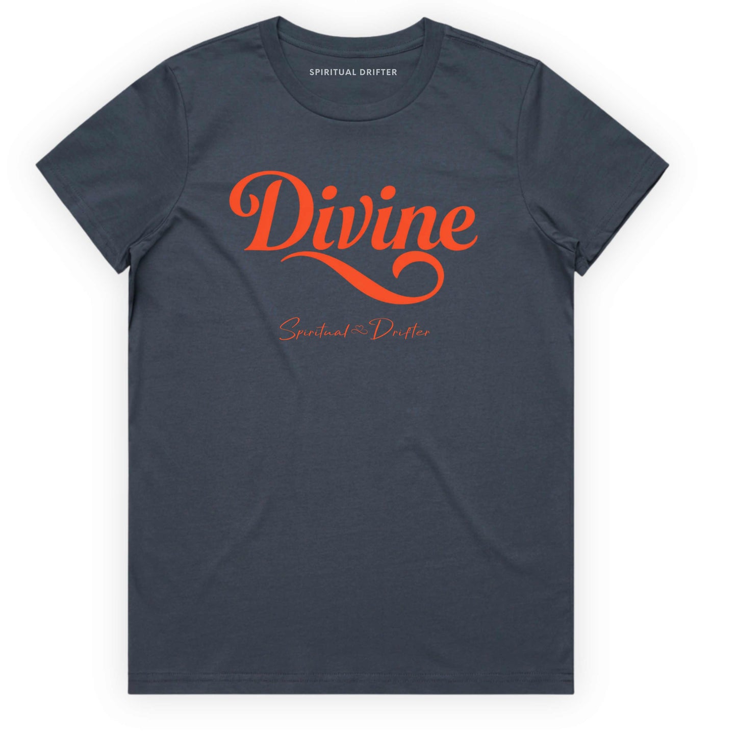 Petrol Blue Spiritual Drifter t-shirt with 'Divine' in red text on a white background. Spiritual apparel inspired by modern mysticism, meditation, manifestation, sacred medicine and conscious living. Yoga and meditation clothing for awakened souls.