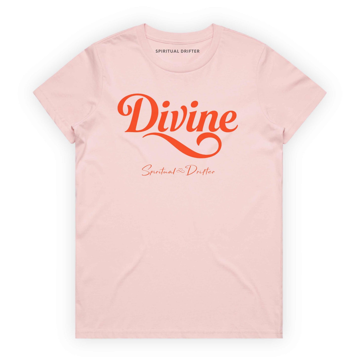 Pink Spiritual Drifter t-shirt with 'Divine' in red text on a white background. Spiritual apparel inspired by modern mysticism, meditation, manifestation, sacred medicine and conscious living. Yoga and meditation clothing for awakened souls.