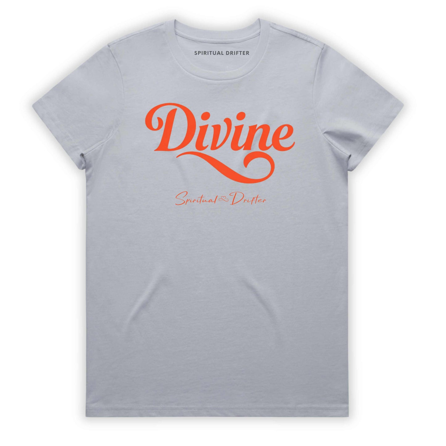 Powder Blue Gray Spiritual Drifter t-shirt with 'Divine' in red text on a white background. Spiritual apparel inspired by modern mysticism, meditation, manifestation, sacred medicine and conscious living. Yoga and meditation clothing for awakened souls.