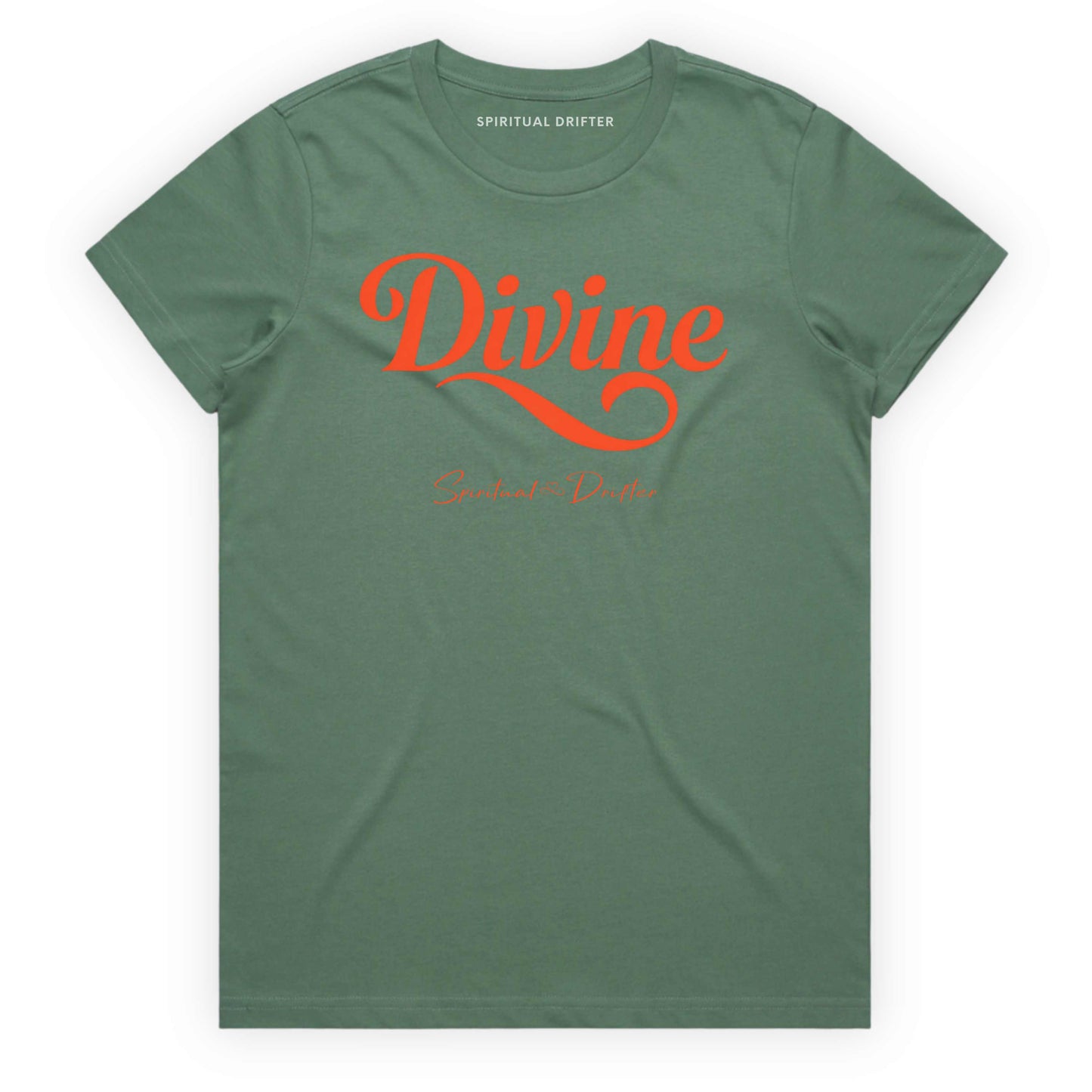 Sage Green Spiritual Drifter t-shirt with 'Divine' in red text on a white background. Spiritual apparel inspired by modern mysticism, meditation, manifestation, sacred medicine and conscious living. Yoga and meditation clothing for awakened souls.