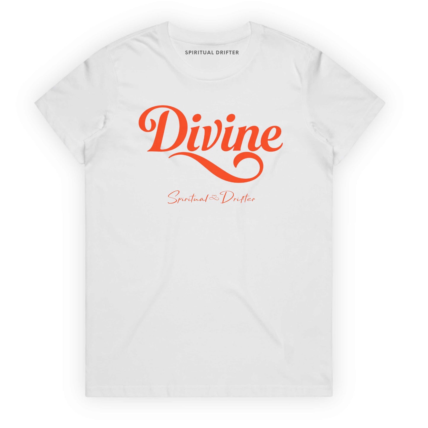 Natural Spiritual Drifter t-shirt with 'Divine' in red text on a white background. Spiritual apparel inspired by modern mysticism, meditation, manifestation, sacred medicine and conscious living. Yoga and meditation clothing for awakened souls.