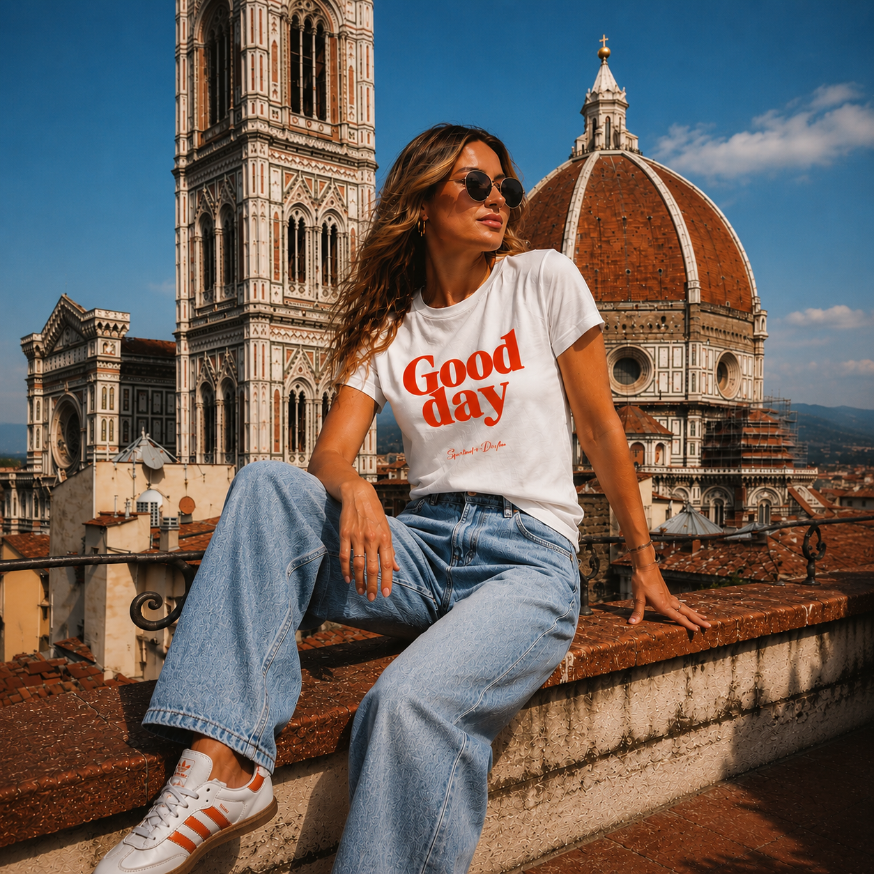 Woman sitting on a rooftop in Florence Italy with the duomo in the background wearing a Spiritual lifter t shirt with graphic "Good Day" and jeans. 