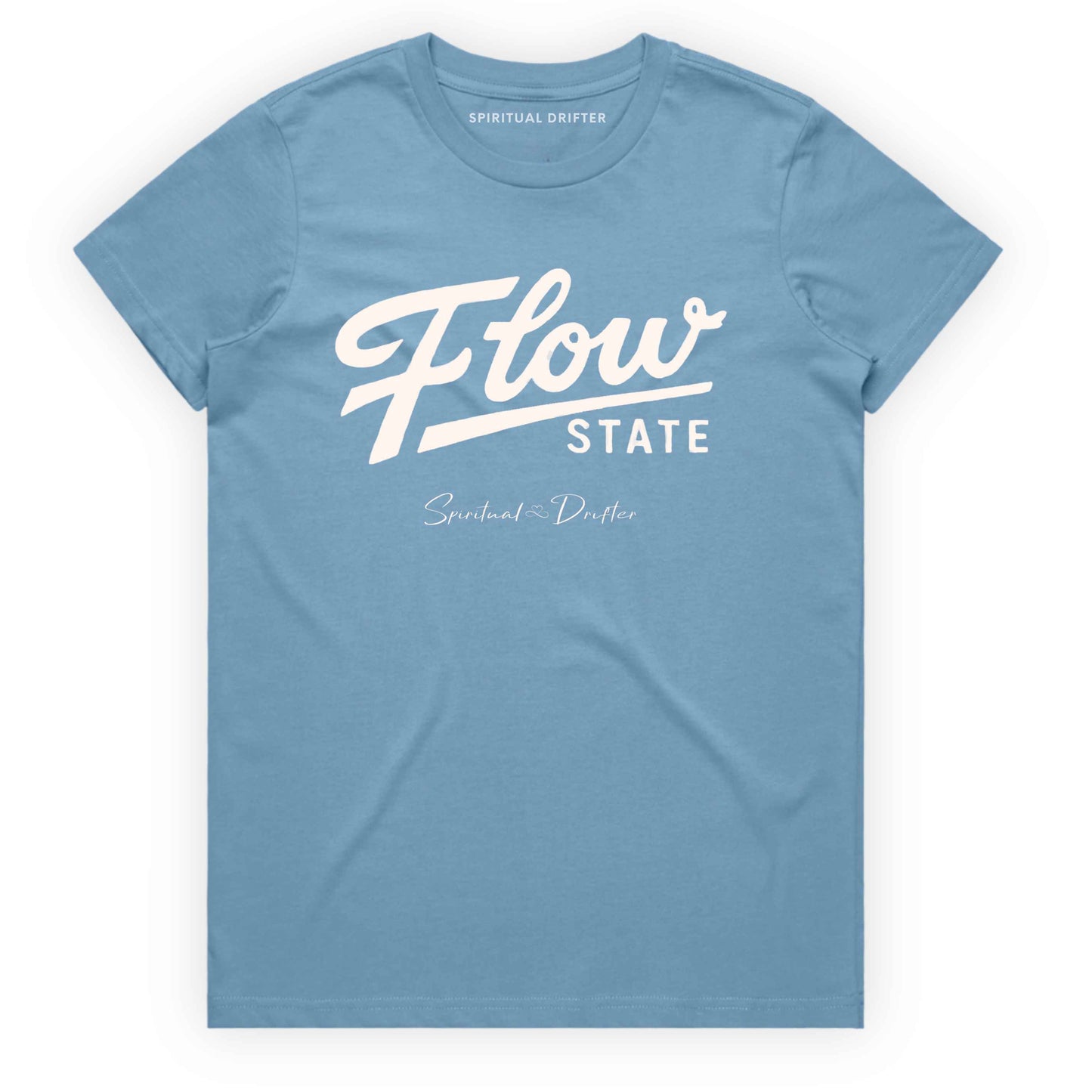light blue Spiritual Drifter “Flow State” graphic 100% cotton t-shirt. Spiritual lifestyle, positive vibes, aligned, positive mindset, conscious living & yoga clothing. Spiritual apparel inspired by modern mysticism, meditation, manifestation, sacred medicine and conscious living. Yoga and meditation clothing for awakened souls.