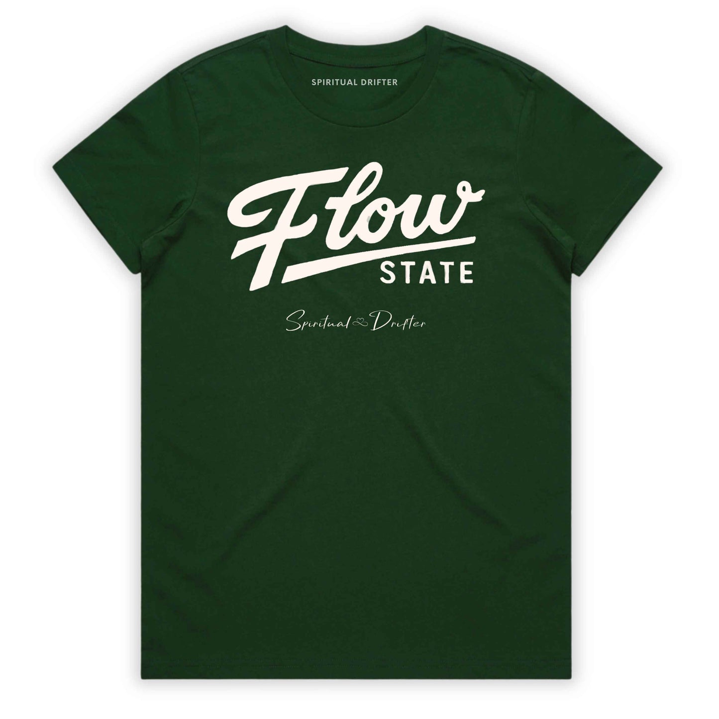 Forest Green Spiritual Drifter “Flow State” graphic 100% cotton t-shirt. Spiritual lifestyle, positive vibes, aligned, positive mindset, conscious living & yoga clothing. Spiritual apparel inspired by modern mysticism, meditation, manifestation, sacred medicine and conscious living. Yoga and meditation clothing for awakened souls.
