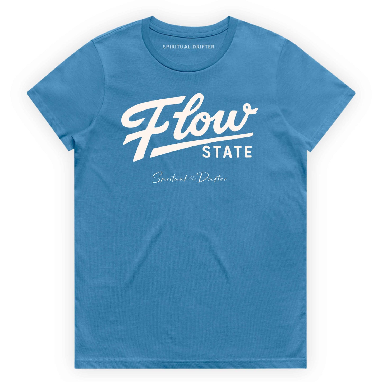 Hydro blue Spiritual Drifter “Flow State” graphic 100% cotton t-shirt. Spiritual lifestyle, positive vibes, aligned, positive mindset, conscious living & yoga clothing. Spiritual apparel inspired by modern mysticism, meditation, manifestation, sacred medicine and conscious living. Yoga and meditation clothing for awakened souls.