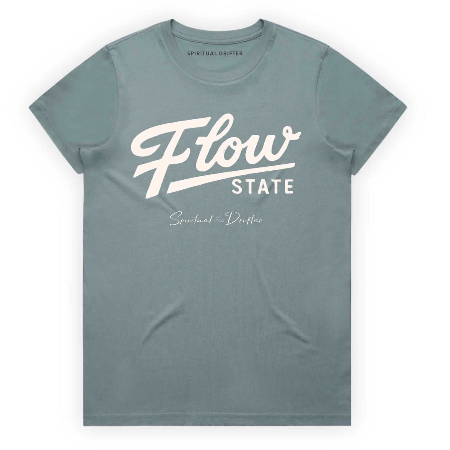 mineral blue Spiritual Drifter “Flow State” graphic 100% cotton t-shirt. Spiritual lifestyle, positive vibes, aligned, positive mindset, conscious living & yoga clothing. Spiritual apparel inspired by modern mysticism, meditation, manifestation, sacred medicine and conscious living. Yoga and meditation clothing for awakened souls.