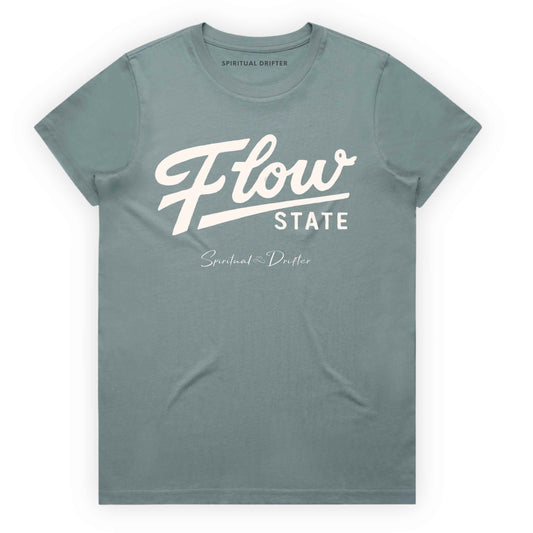 mineral blue Spiritual Drifter “Flow State” graphic 100% cotton t-shirt. Spiritual lifestyle, positive vibes, aligned, positive mindset, conscious living & yoga clothing. Spiritual apparel inspired by modern mysticism, meditation, manifestation, sacred medicine and conscious living. Yoga and meditation clothing for awakened souls.