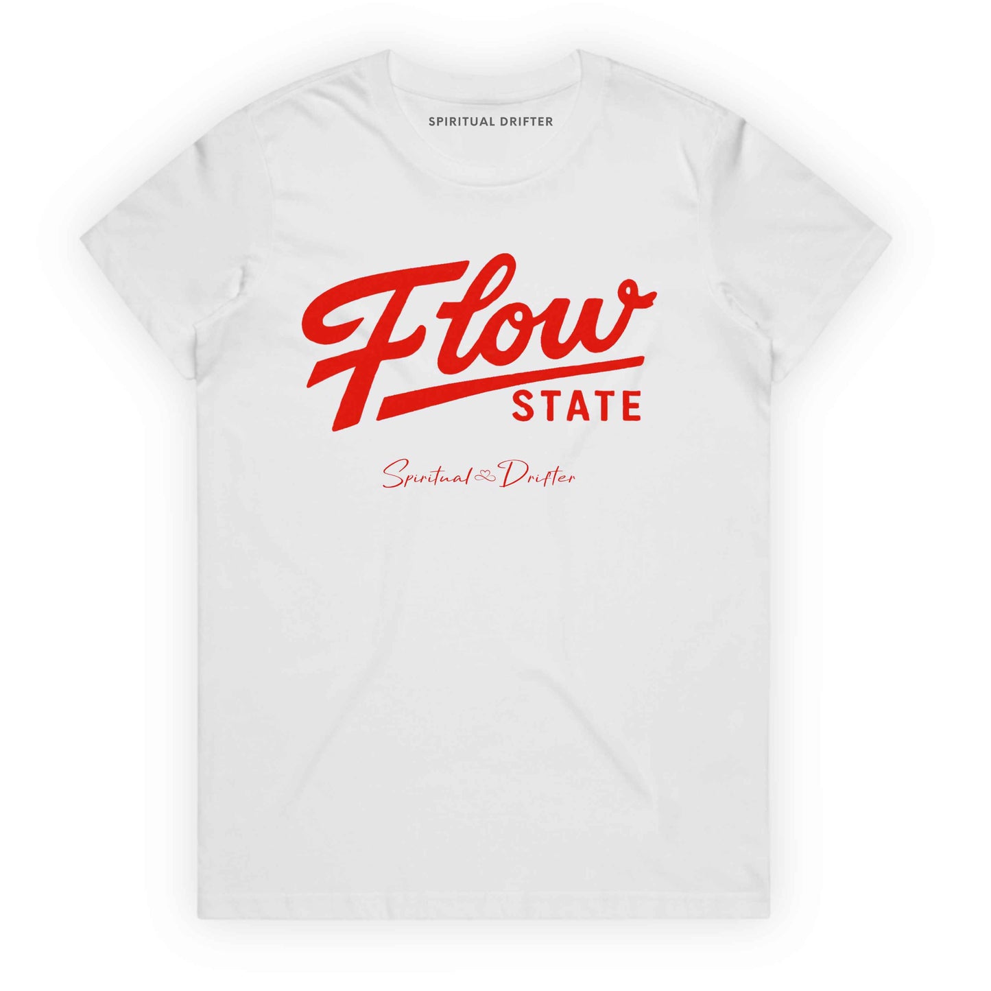 White Spiritual Drifter “Flow State” graphic 100% cotton t-shirt. Spiritual lifestyle, positive vibes, aligned, positive mindset, conscious living & yoga clothing. Spiritual apparel inspired by modern mysticism, meditation, manifestation, sacred medicine and conscious living. Yoga and meditation clothing for awakened souls.
