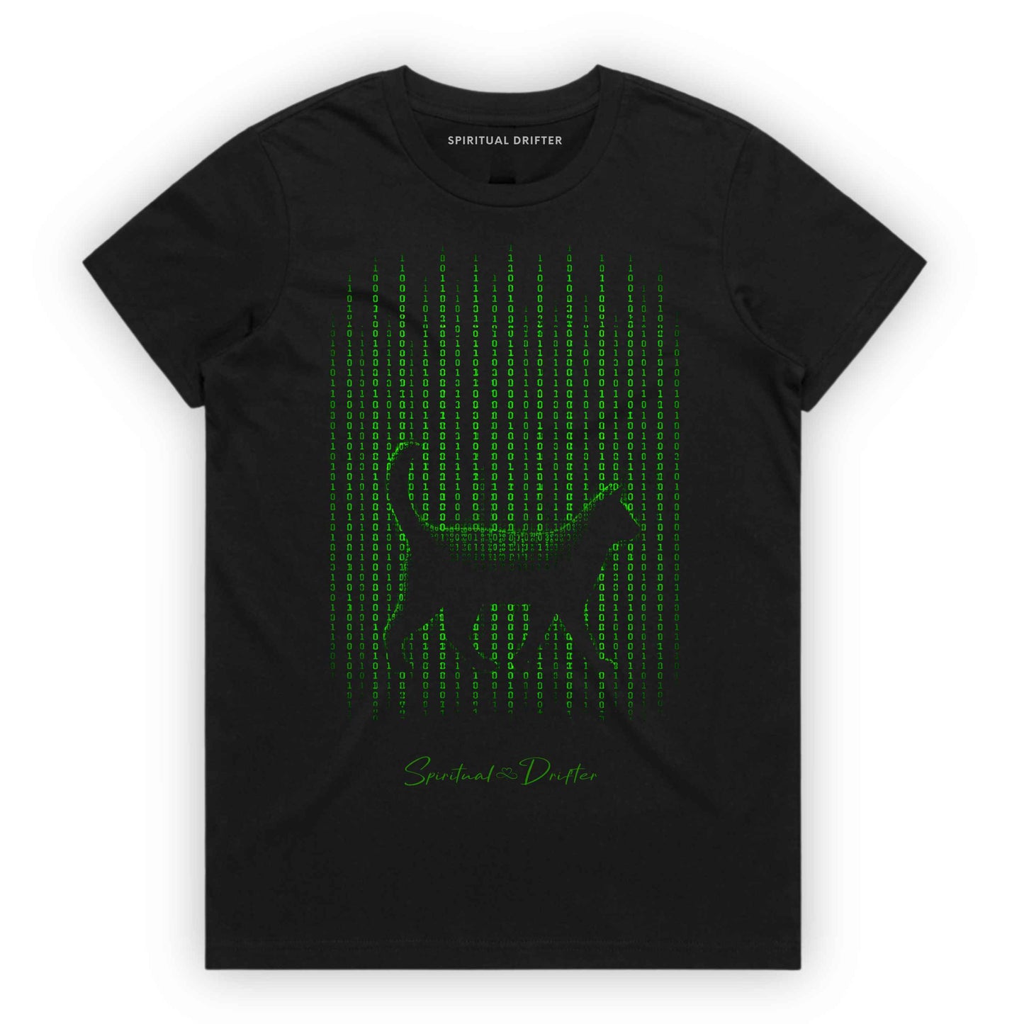 Spiritual Drifter Glitch in the Matrix black cat graphic organic cotton t-shirt in black. Elevated, simulation theory vibes, Spiritual apparel inspired by quantum reality, simulation theory, time line shifts, bending reality, binary codes, manifestation and conscious living.