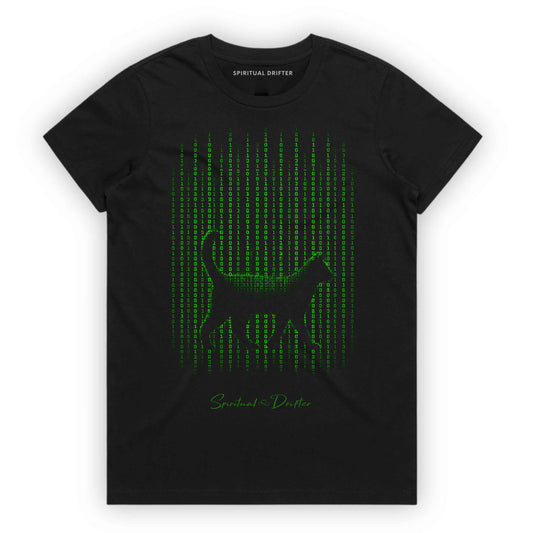 Spiritual Drifter Glitch in the Matrix black cat graphic organic cotton t-shirt in black. Elevated, simulation theory vibes, Spiritual apparel inspired by quantum reality, simulation theory, time line shifts, bending reality, binary codes, manifestation and conscious living.