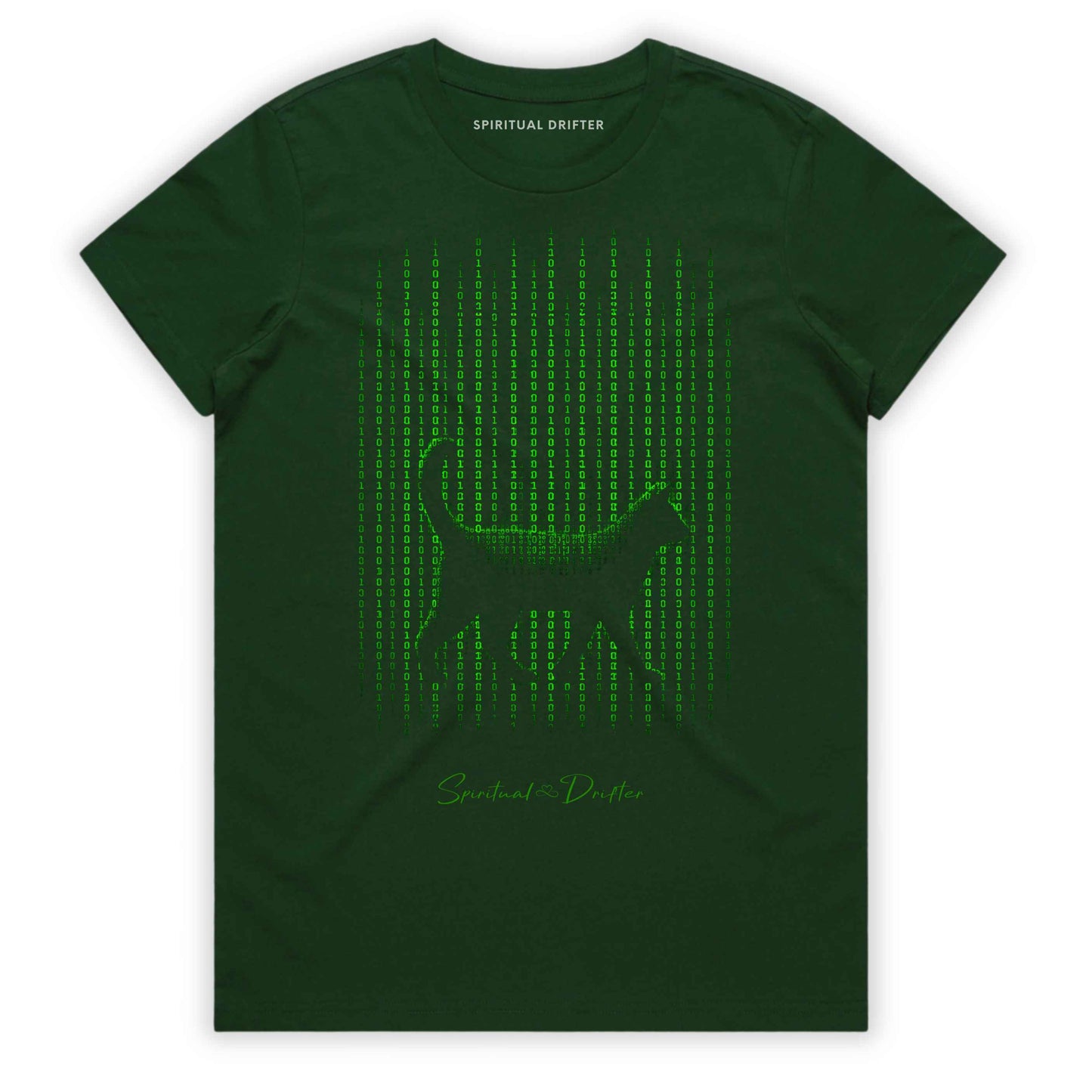 Spiritual Drifter Glitch in the Matrix black cat graphic organic cotton t-shirt in dark forest green. Elevated, simulation theory vibes, Spiritual apparel inspired by quantum reality, simulation theory, time line shifts, bending reality, manifestation and conscious living.