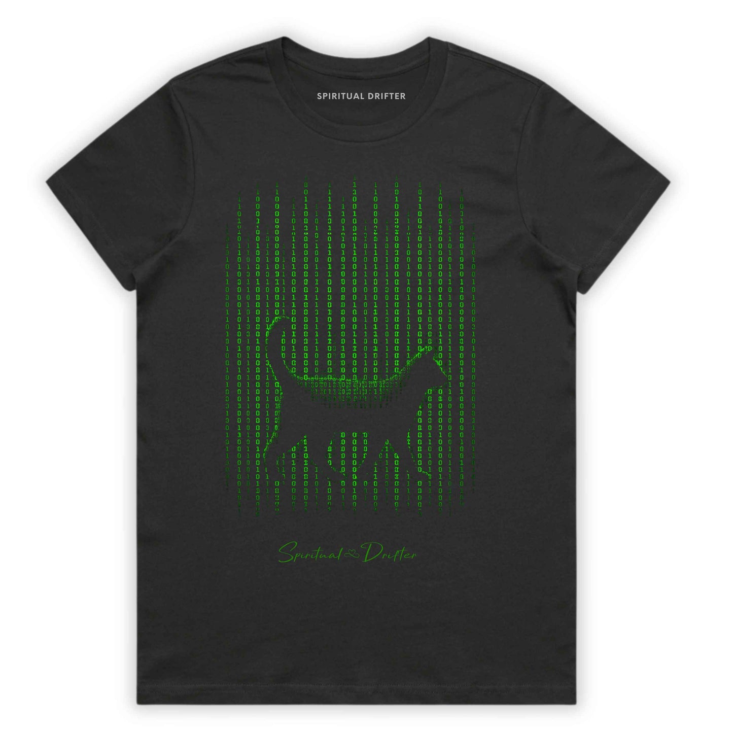 Spiritual Drifter Glitch in the Matrix black cat graphic organic cotton t-shirt in dark coal gray. Elevated, simulation theory vibes, Spiritual apparel inspired by quantum reality, simulation theory, time line shifts, bending reality, manifestation and conscious living.