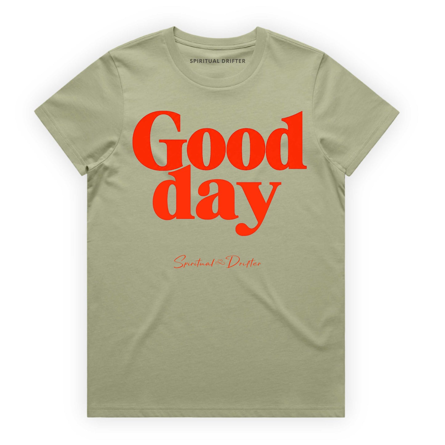 Pistachio Green t-shirt with red Spiritual Drifter graphic  'Good day' text and brand name on a white background. Elevated spiritual apparel inspired by meditation, mindfulness, yoga, positive vibes, law of attraction and conscious living. 