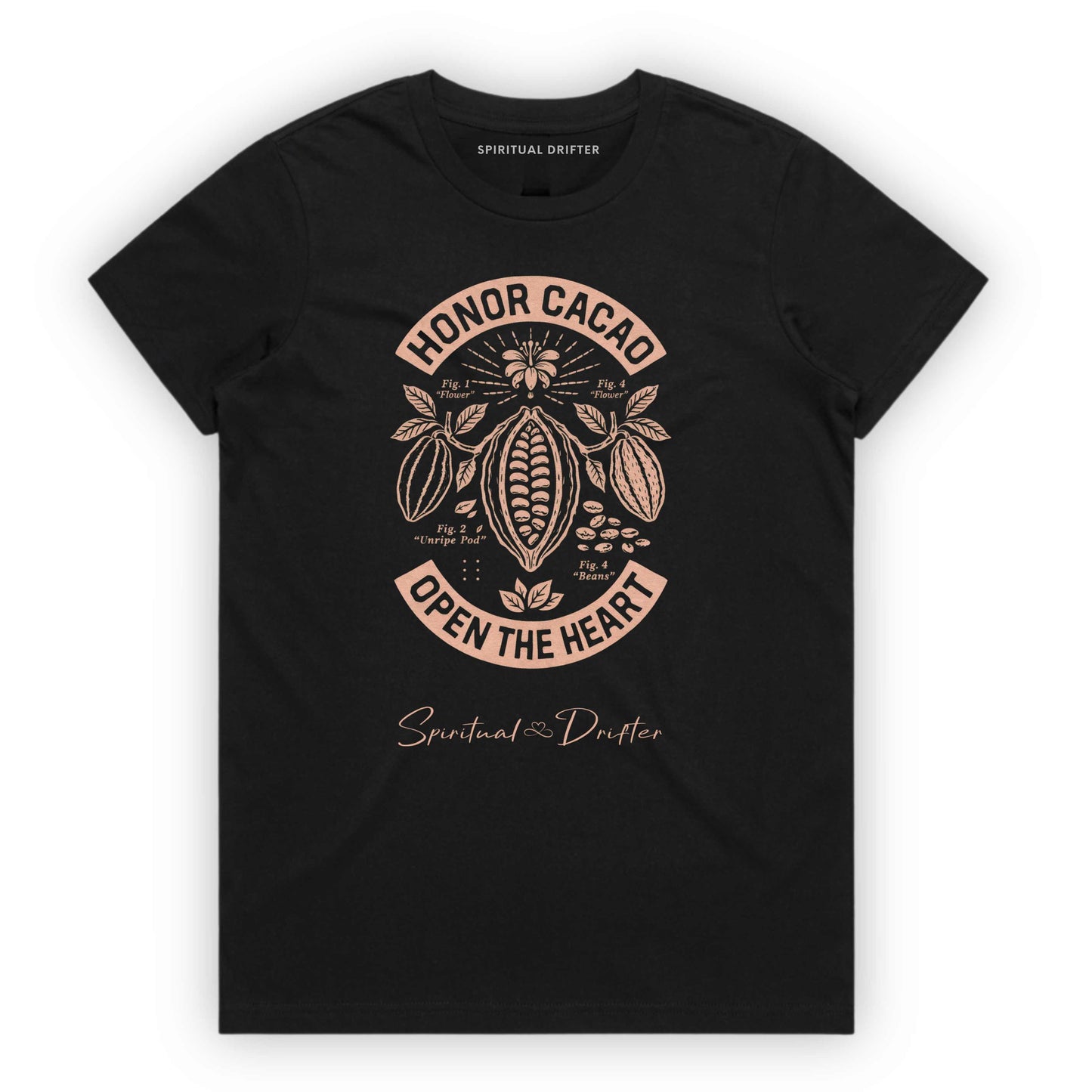 Spiritual Drifter Women's Classic Cotton Honor Cacao T-Shirt – black spiritual graphic tee with sacred cacao plant design. “Honor Cacao Open the Heart” graphic ceremonial ritual inspired artwork, and botanical illustration. Sacred cacao inspired botanical graphic, honoring ritual, plant medicine culture, meditation, and heart-centered living.