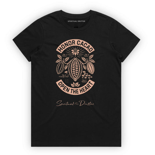 Spiritual Drifter Women's Classic Cotton Honor Cacao T-Shirt – black spiritual graphic tee with sacred cacao plant design. “Honor Cacao Open the Heart” graphic ceremonial ritual inspired artwork, and botanical illustration. Sacred cacao inspired botanical graphic, honoring ritual, plant medicine culture, meditation, and heart-centered living.