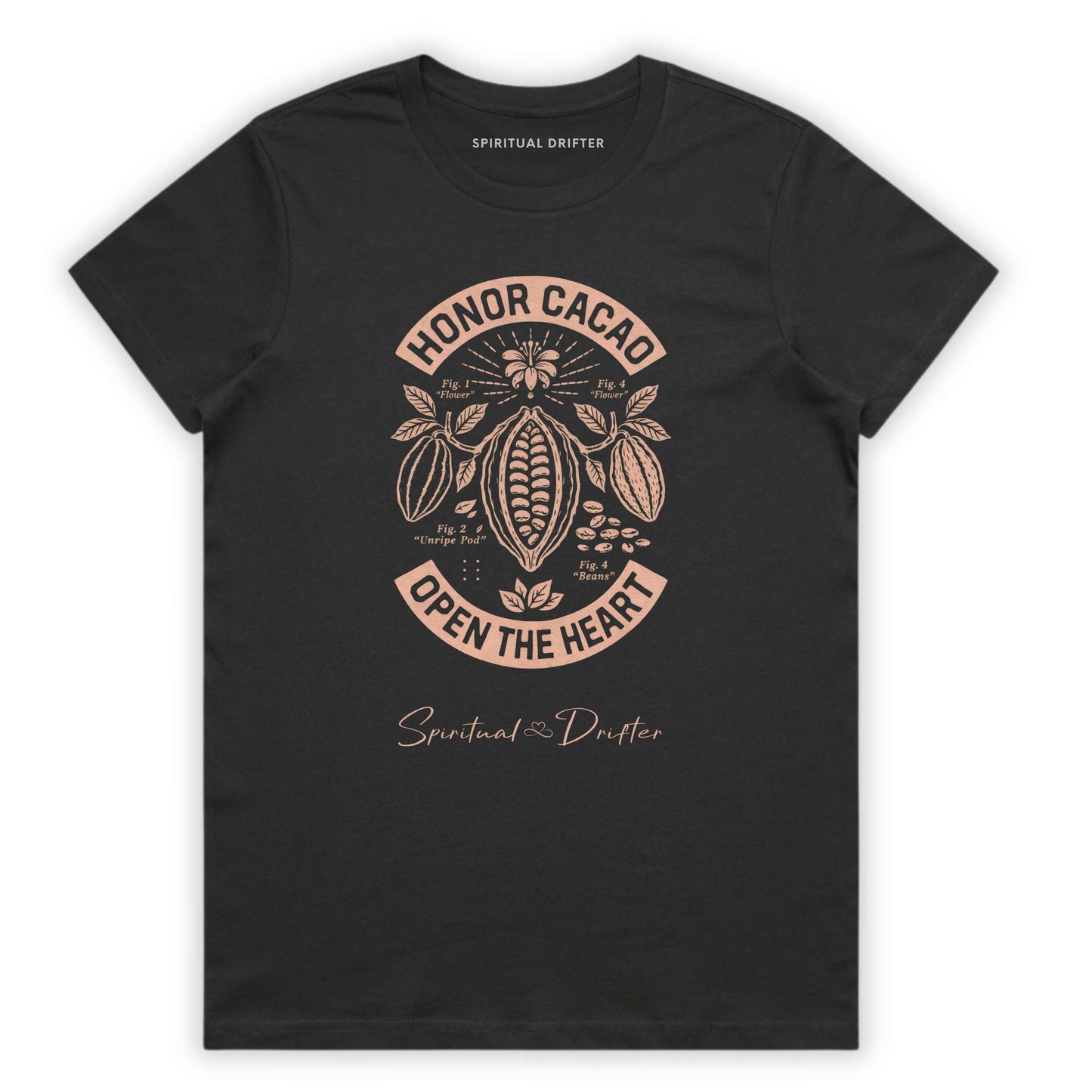 Spiritual Drifter Women's Classic Cotton Honor Cacao T-Shirt – charcoal spiritual graphic tee with sacred cacao plant design. “Honor Cacao Open the Heart” graphic ceremonial ritual inspired artwork, and botanical illustration. Sacred cacao inspired botanical graphic, honoring ritual, plant medicine culture, meditation, and heart-centered living.