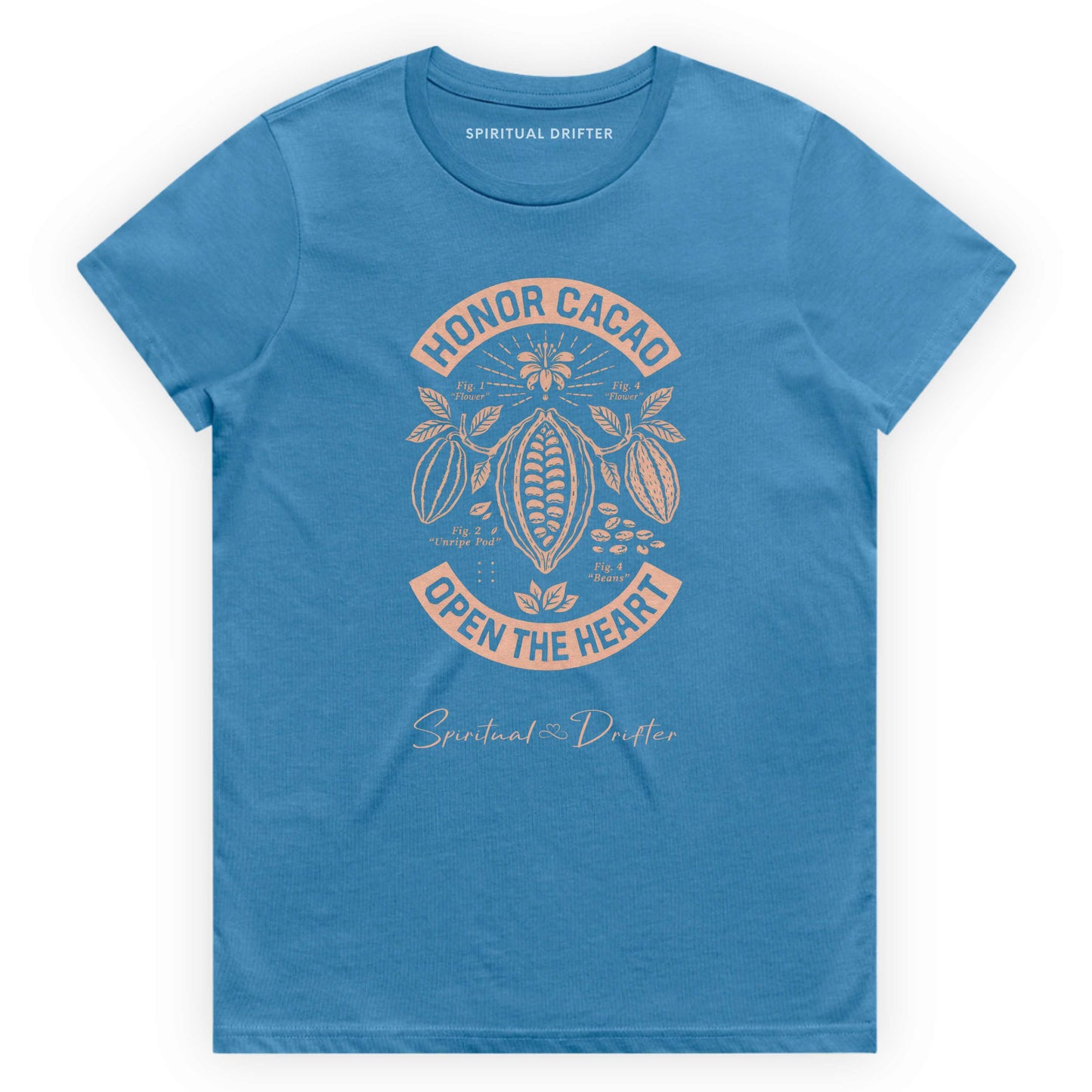 Spiritual Drifter Women's Classic Cotton Honor Cacao T-Shirt – hydro blue  spiritual graphic tee with sacred cacao plant design. “Honor Cacao Open the Heart” graphic ceremonial ritual inspired artwork, and botanical illustration. Sacred cacao inspired botanical graphic, honoring ritual, plant medicine culture, meditation, and heart-centered living.