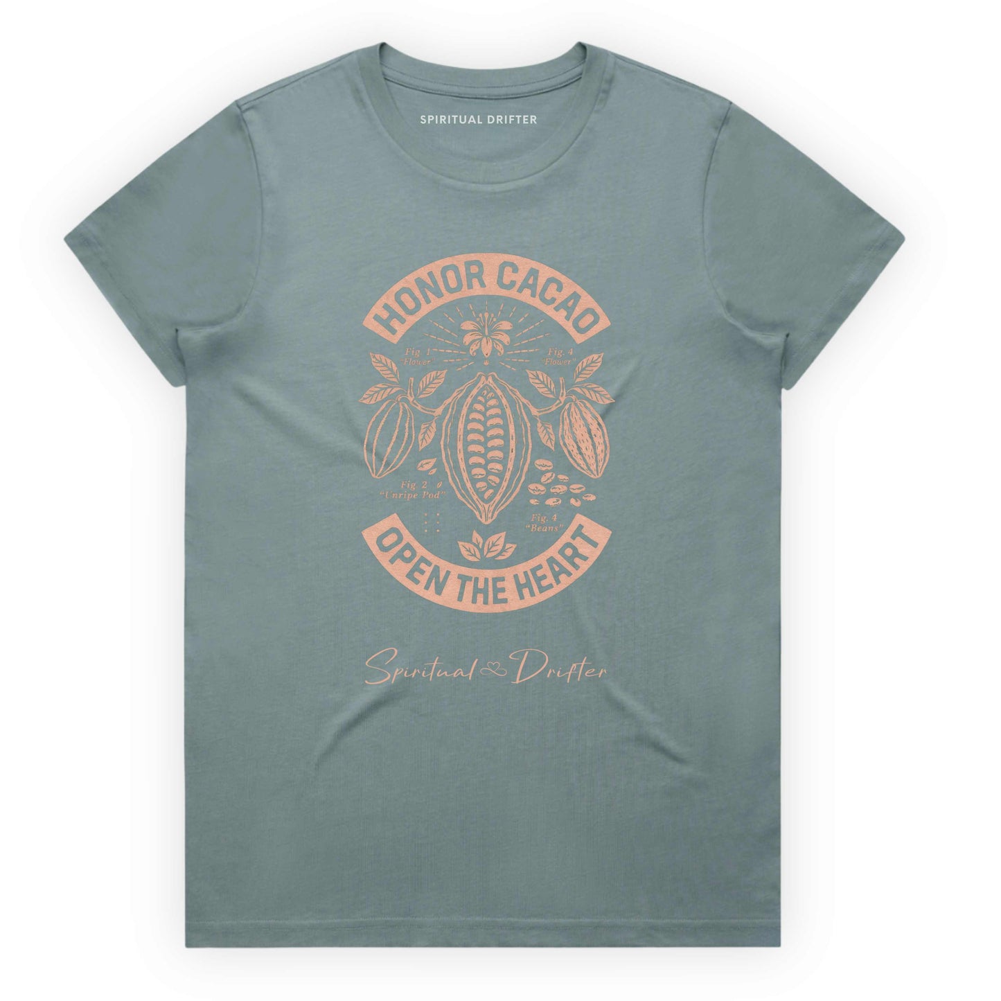 Spiritual Drifter Women's Classic Cotton Honor Cacao T-Shirt – mineral spiritual graphic tee with sacred cacao plant design. “Honor Cacao Open the Heart” graphic ceremonial ritual inspired artwork, and botanical illustration. Sacred cacao inspired botanical graphic, honoring ritual, plant medicine culture, meditation, and heart-centered living.
