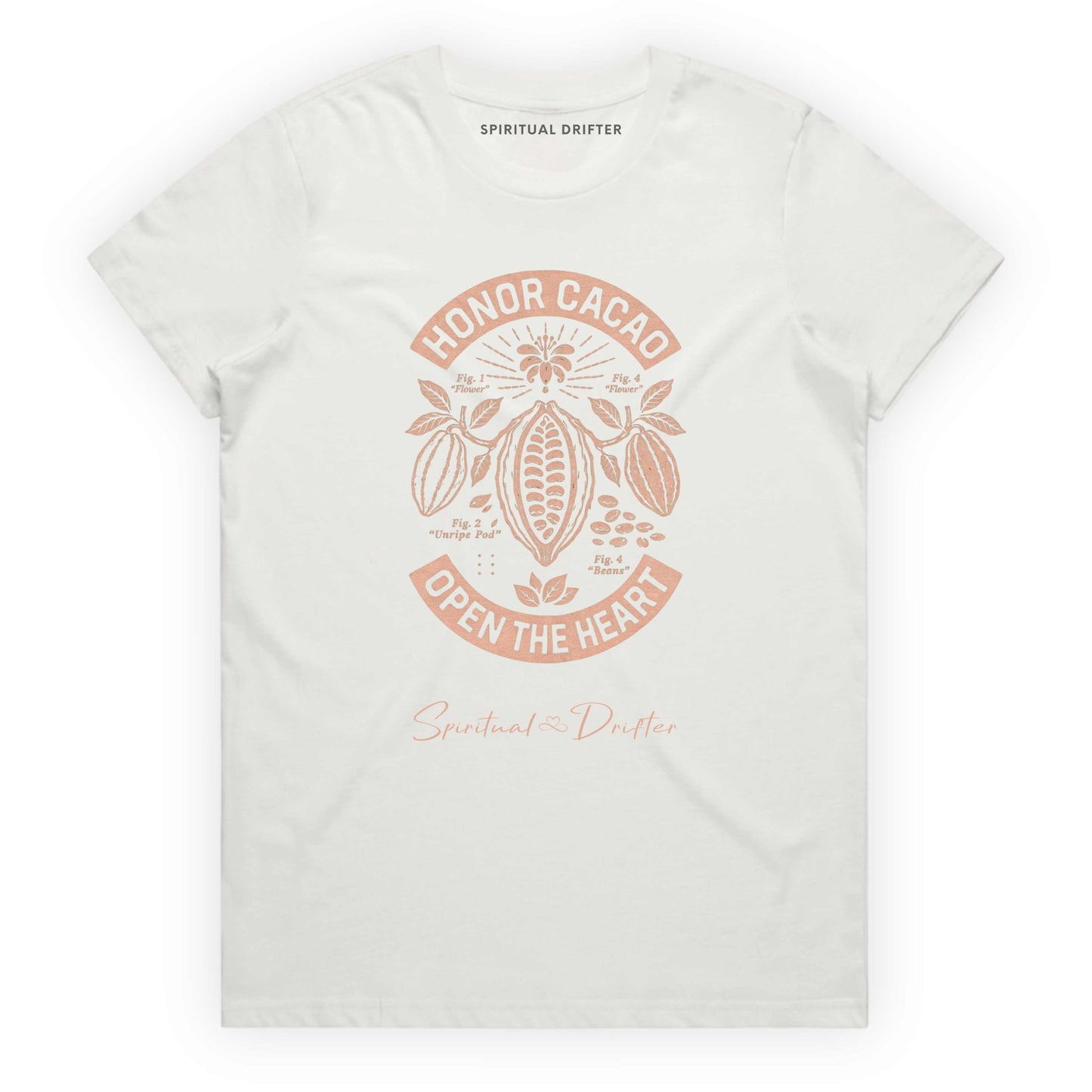 Spiritual Drifter Women's Classic Cotton Honor Cacao T-Shirt – natural spiritual graphic tee with sacred cacao plant design. “Honor Cacao Open the Heart” graphic ceremonial ritual inspired artwork, and botanical illustration. Sacred cacao inspired botanical graphic, honoring ritual, plant medicine culture, meditation, and heart-centered living.