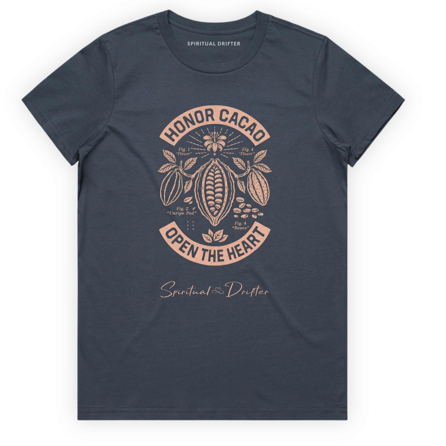 Spiritual Drifter Women's Classic Cotton Honor Cacao T-Shirt – petrol spiritual graphic tee with sacred cacao plant design. “Honor Cacao Open the Heart” graphic ceremonial ritual inspired artwork, and botanical illustration. Sacred cacao inspired botanical graphic, honoring ritual, plant medicine culture, meditation, and heart-centered living.