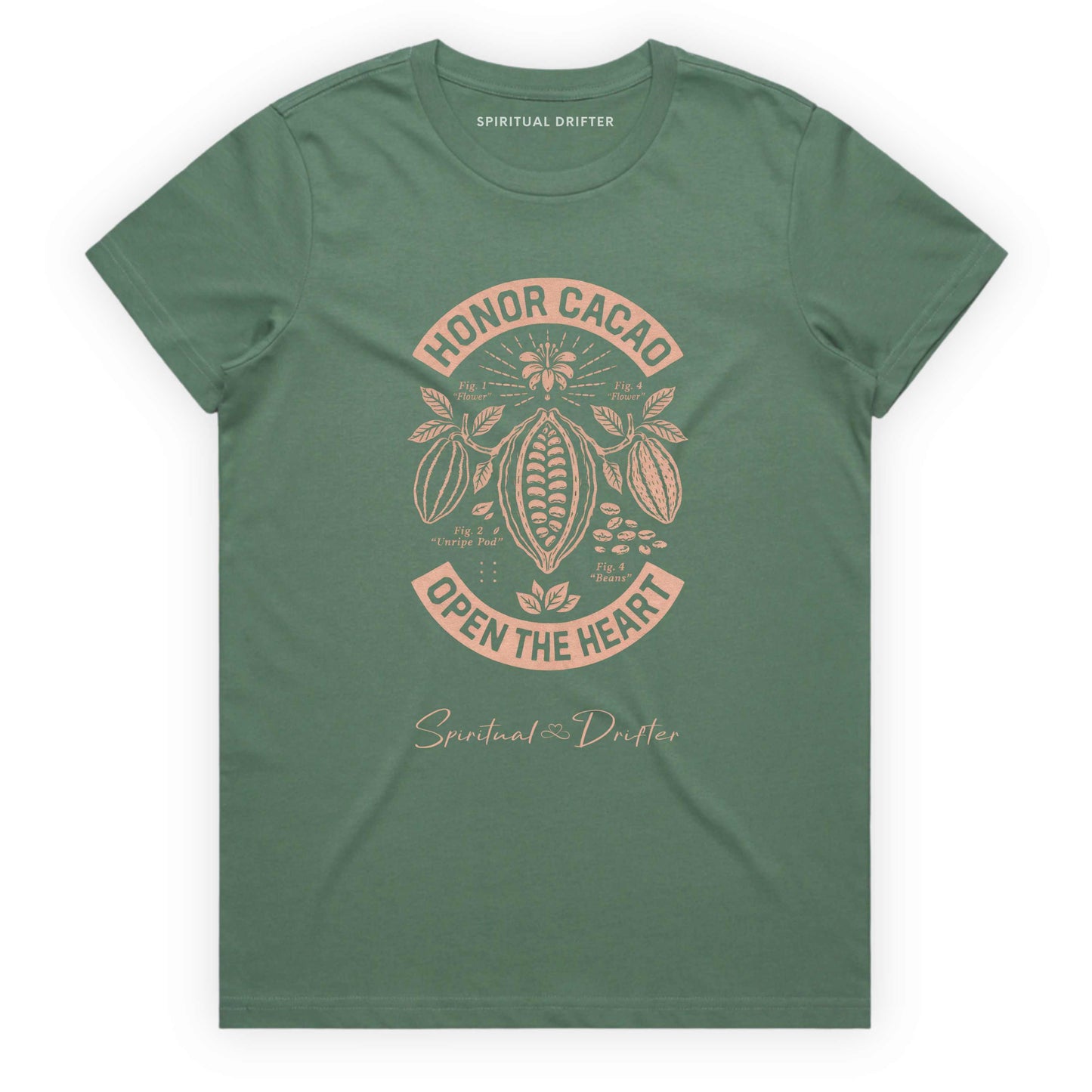 Spiritual Drifter Women's Classic Cotton Honor Cacao T-Shirt – sage green spiritual graphic tee with sacred cacao plant design. “Honor Cacao Open the Heart” graphic ceremonial ritual inspired artwork, and botanical illustration. Sacred cacao inspired botanical graphic, honoring ritual, plant medicine culture, meditation, and heart-centered living.