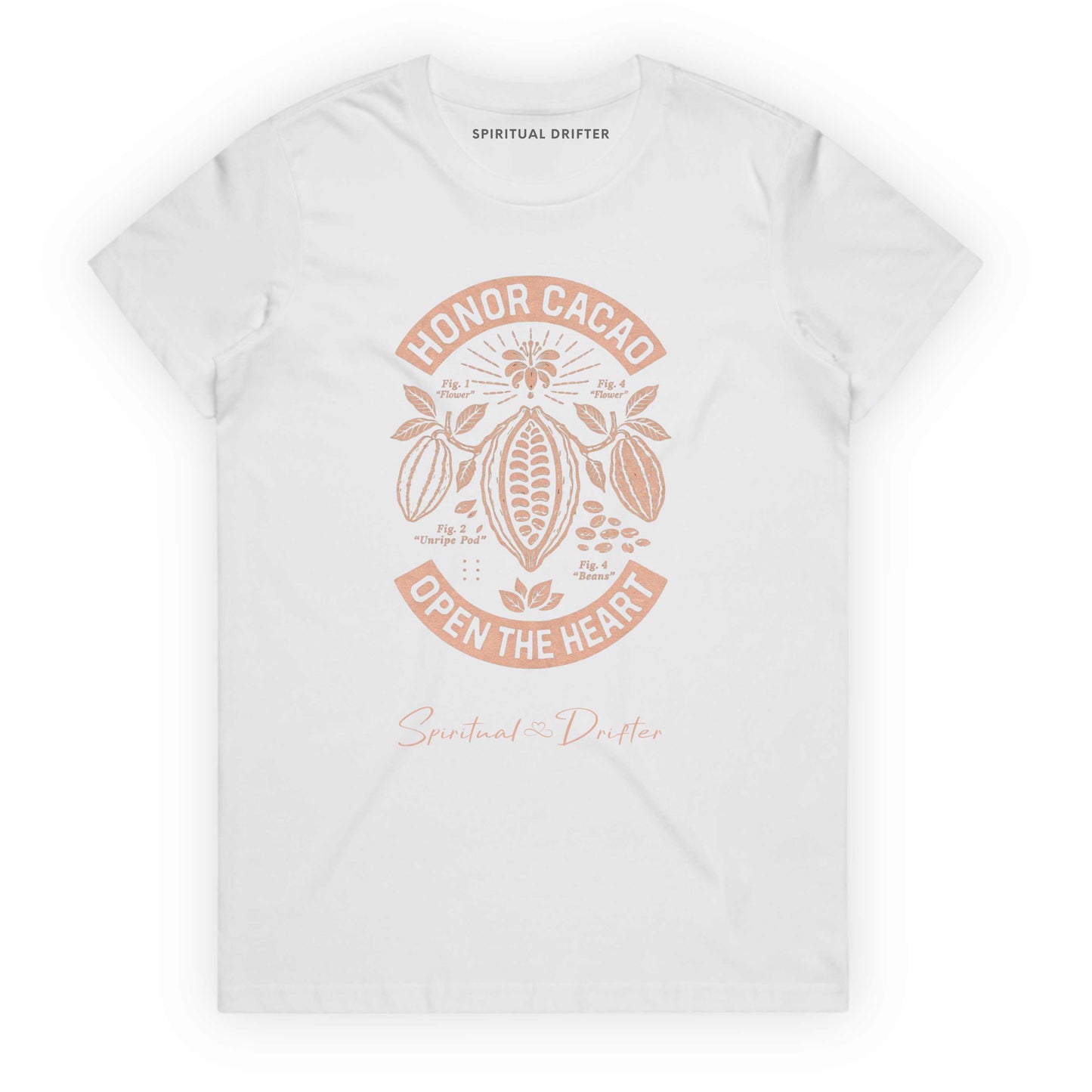 Spiritual Drifter Women's Classic Cotton Honor Cacao T-Shirt – white spiritual graphic tee with sacred cacao plant design. “Honor Cacao Open the Heart” graphic ceremonial ritual inspired artwork, and botanical illustration. Sacred cacao inspired botanical graphic, honoring ritual, plant medicine culture, meditation, and heart-centered living.