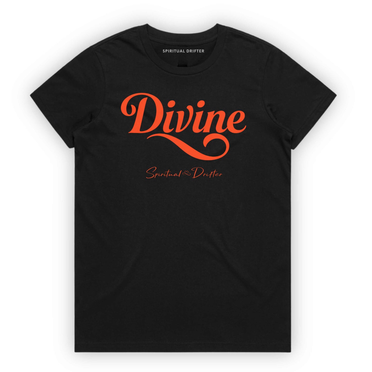 Black Spiritual Drifter t-shirt with 'Divine' in red text on a white background. Spiritual apparel inspired by modern mysticism, meditation, manifestation, sacred medicine and conscious living. Yoga and meditation clothing for awakened souls.