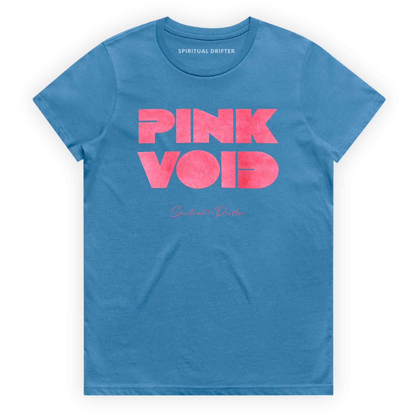 Spiritual Drifter Hydro Blue t-shirt with "Pink Void" graphic on a white background