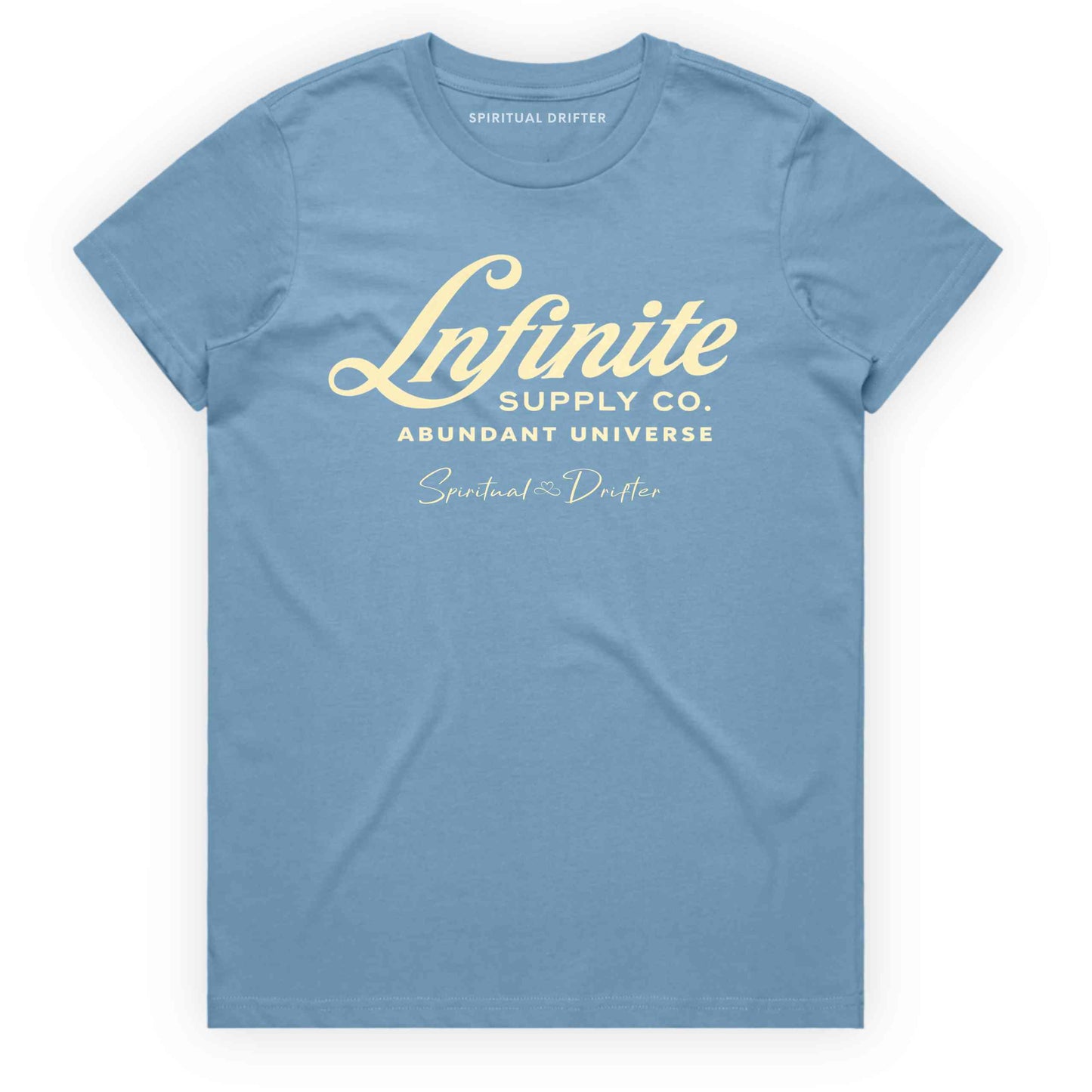Light Blue Spiritual Drifter ‘Infinite Supply Abundant Universe’ graphic cotton t-shirt. Elevated spiritual apparel inspired by awakening, meditation, mindfulness, yoga, law of attraction and conscious living. Inspired by Abraham Hicks and the Law of Attraction. 