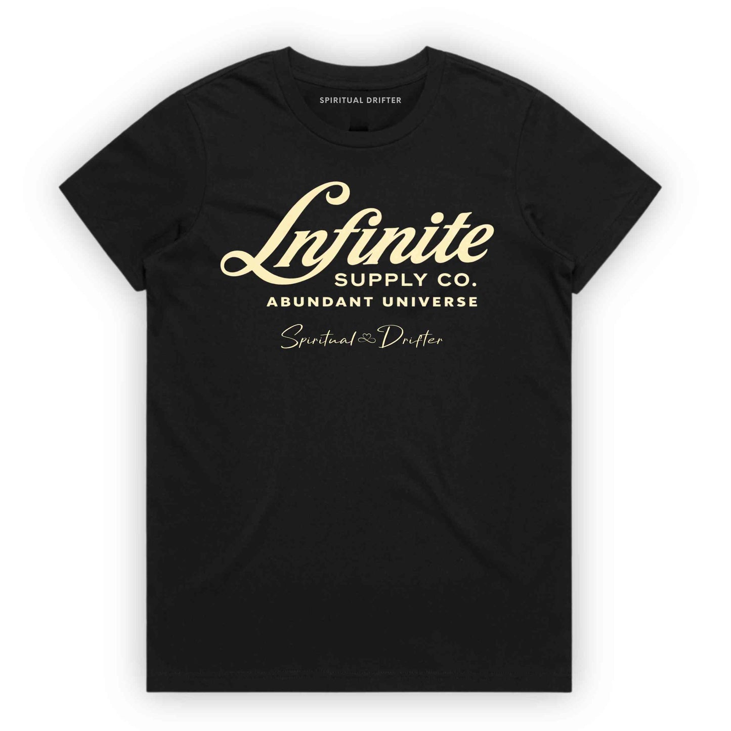 Black Spiritual Drifter ‘Infinite Supply Abundant Universe’ graphic cotton t-shirt. Elevated spiritual apparel inspired by awakening, meditation, mindfulness, yoga, law of attraction and conscious living. Inspired by Abraham Hicks and the Law of Attraction. 