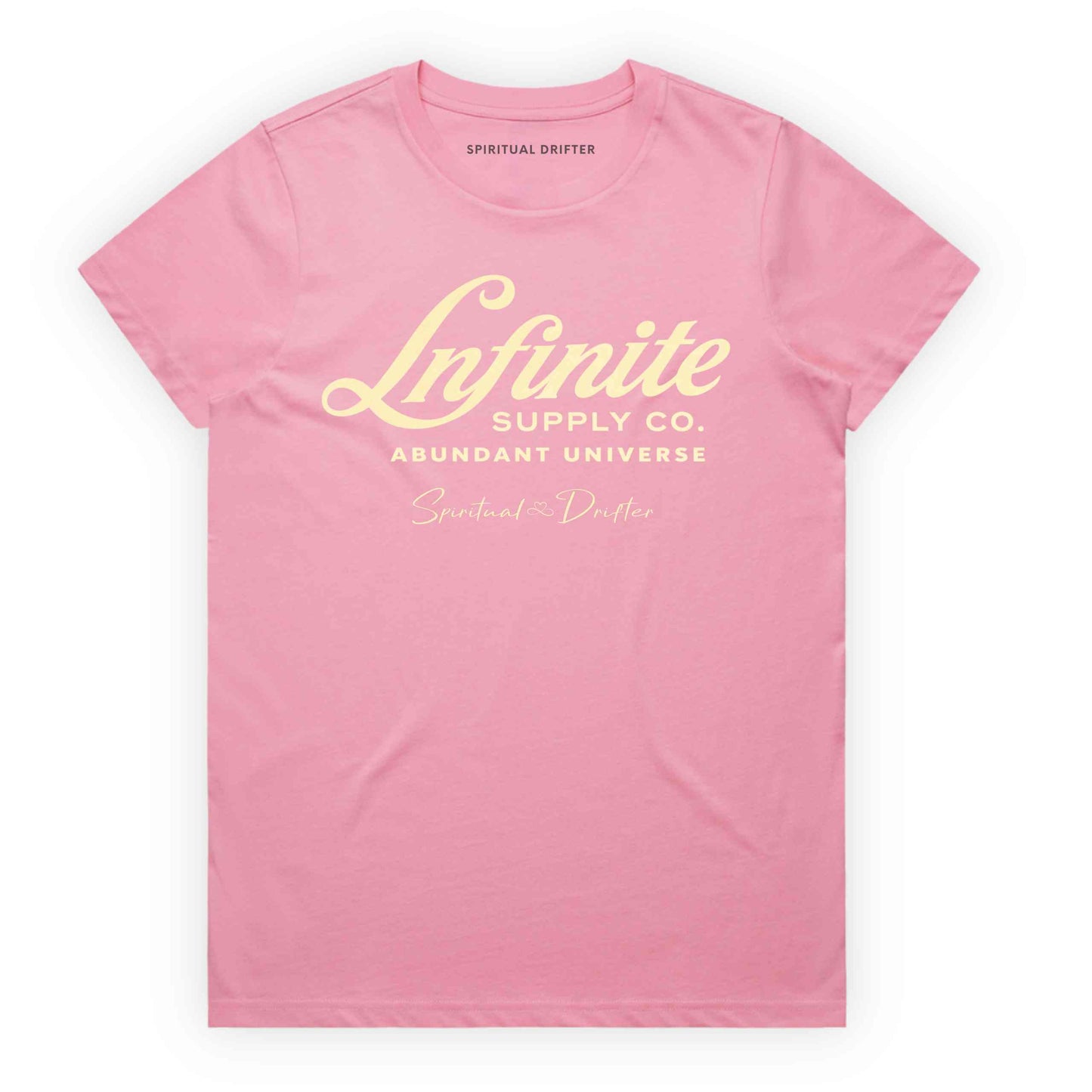 Bubblegum Pink Spiritual Drifter ‘Infinite Supply Abundant Universe’ graphic cotton t-shirt. Elevated spiritual apparel inspired by awakening, meditation, mindfulness, yoga, law of attraction and conscious living. Inspired by Abraham Hicks and the Law of Attraction. 