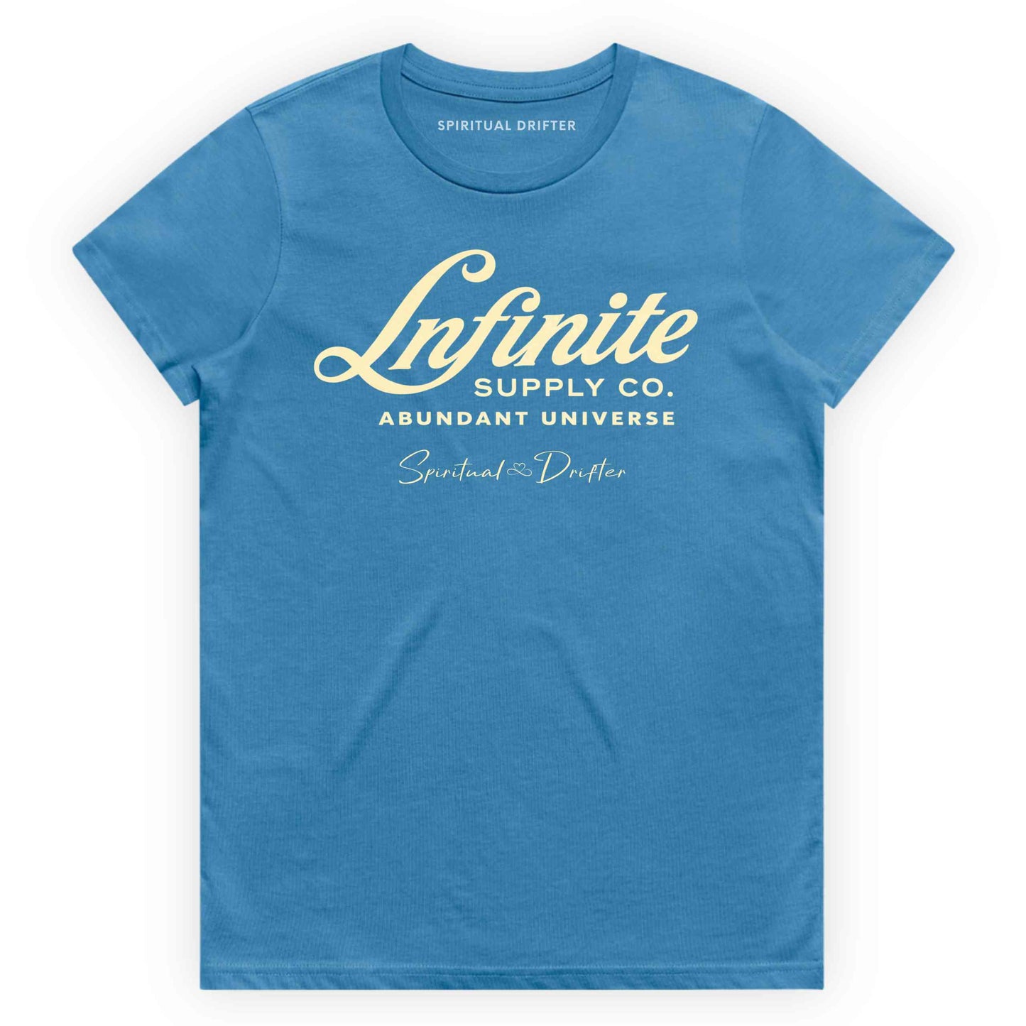 Hydro Blue Spiritual Drifter ‘Infinite Supply Abundant Universe’ graphic cotton t-shirt. Elevated spiritual apparel inspired by awakening, meditation, mindfulness, yoga, law of attraction and conscious living. Inspired by Abraham Hicks and the Law of Attraction. 