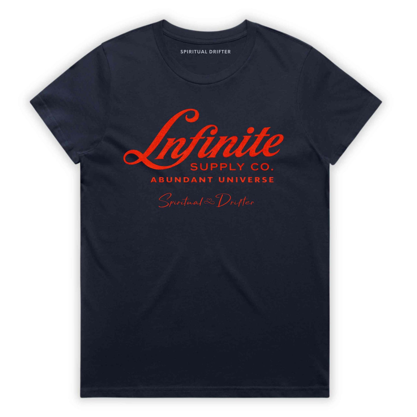 Navy Spiritual Drifter ‘Infinite Supply Abundant Universe’ graphic cotton t-shirt. Elevated spiritual apparel inspired by awakening, meditation, mindfulness, yoga, law of attraction and conscious living. Inspired by Abraham Hicks and the Law of Attraction. 