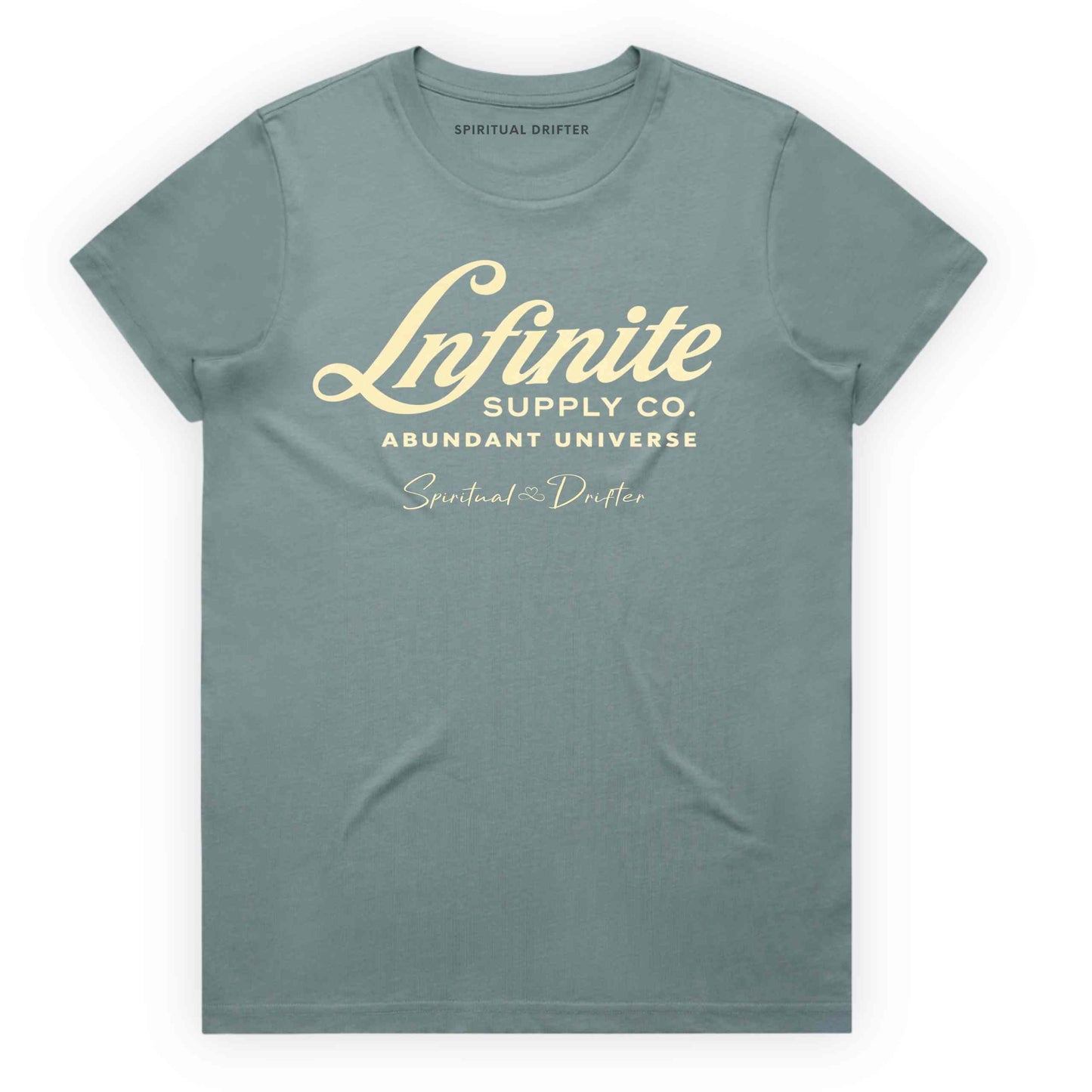 Mineral Spiritual Drifter ‘Infinite Supply Abundant Universe’ graphic cotton t-shirt. Elevated spiritual apparel inspired by awakening, meditation, mindfulness, yoga, law of attraction and conscious living. Inspired by Abraham Hicks and the Law of Attraction. 