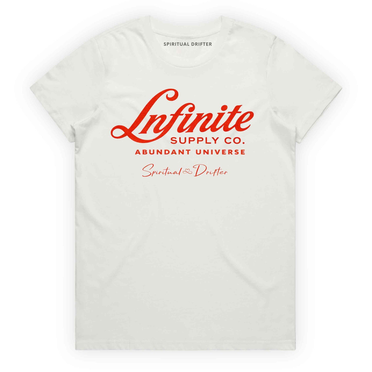 Natural Spiritual Drifter ‘Infinite Supply Abundant Universe’ graphic cotton t-shirt. Elevated spiritual apparel inspired by awakening, meditation, mindfulness, yoga, law of attraction and conscious living. Inspired by Abraham Hicks and the Law of Attraction. 