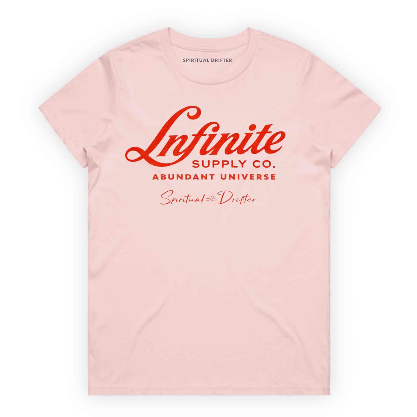 Light Pink Spiritual Drifter ‘Infinite Supply Abundant Universe’ graphic cotton t-shirt. Elevated spiritual apparel inspired by awakening, meditation, mindfulness, yoga, law of attraction and conscious living. Inspired by Abraham Hicks and the Law of Attraction. 