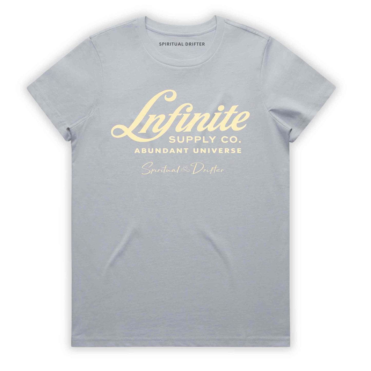 Powder gray Spiritual Drifter ‘Infinite Supply Abundant Universe’ graphic cotton t-shirt. Elevated spiritual apparel inspired by awakening, meditation, mindfulness, yoga, law of attraction and conscious living. Inspired by Abraham Hicks and the Law of Attraction. 