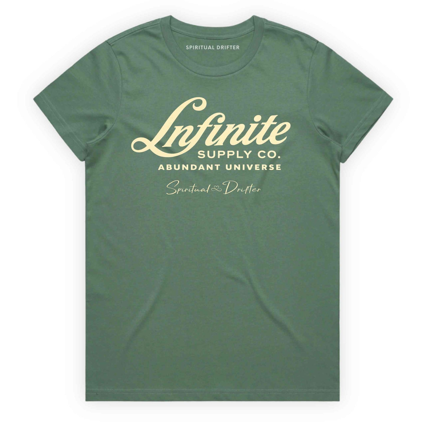 Sage Green Spiritual Drifter ‘Infinite Supply Abundant Universe’ graphic cotton t-shirt. Elevated spiritual apparel inspired by awakening, meditation, mindfulness, yoga, law of attraction and conscious living. Inspired by Abraham Hicks and the Law of Attraction. 