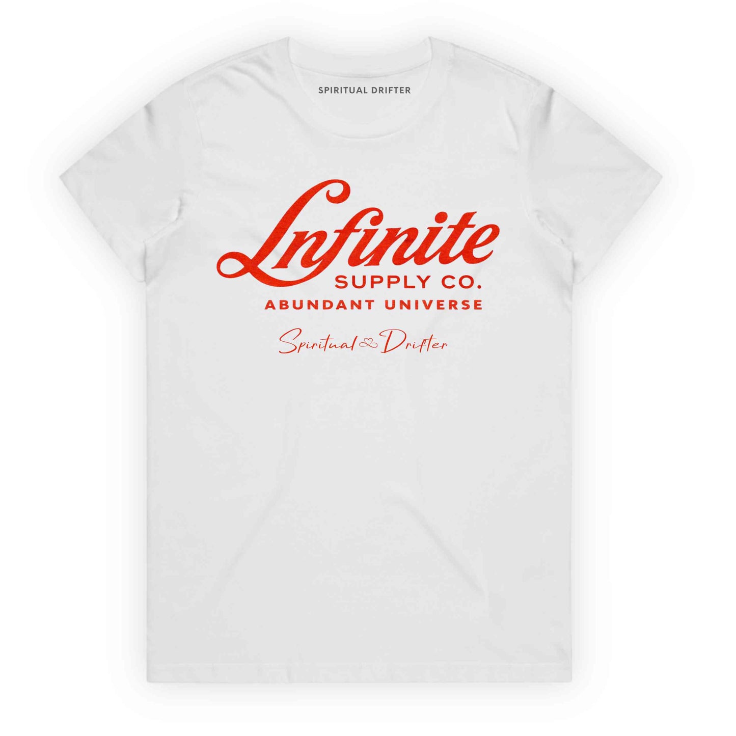 White Spiritual Drifter ‘Infinite Supply Abundant Universe’ graphic cotton t-shirt. Elevated spiritual apparel inspired by awakening, meditation, mindfulness, yoga, law of attraction and conscious living. Inspired by Abraham Hicks and the Law of Attraction. 