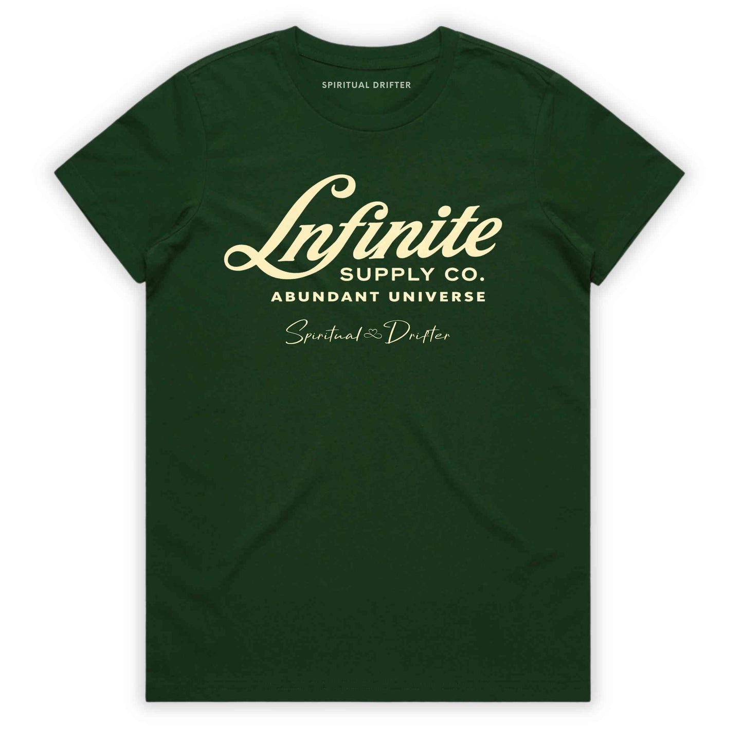 Green t-shirt with white text on a white background