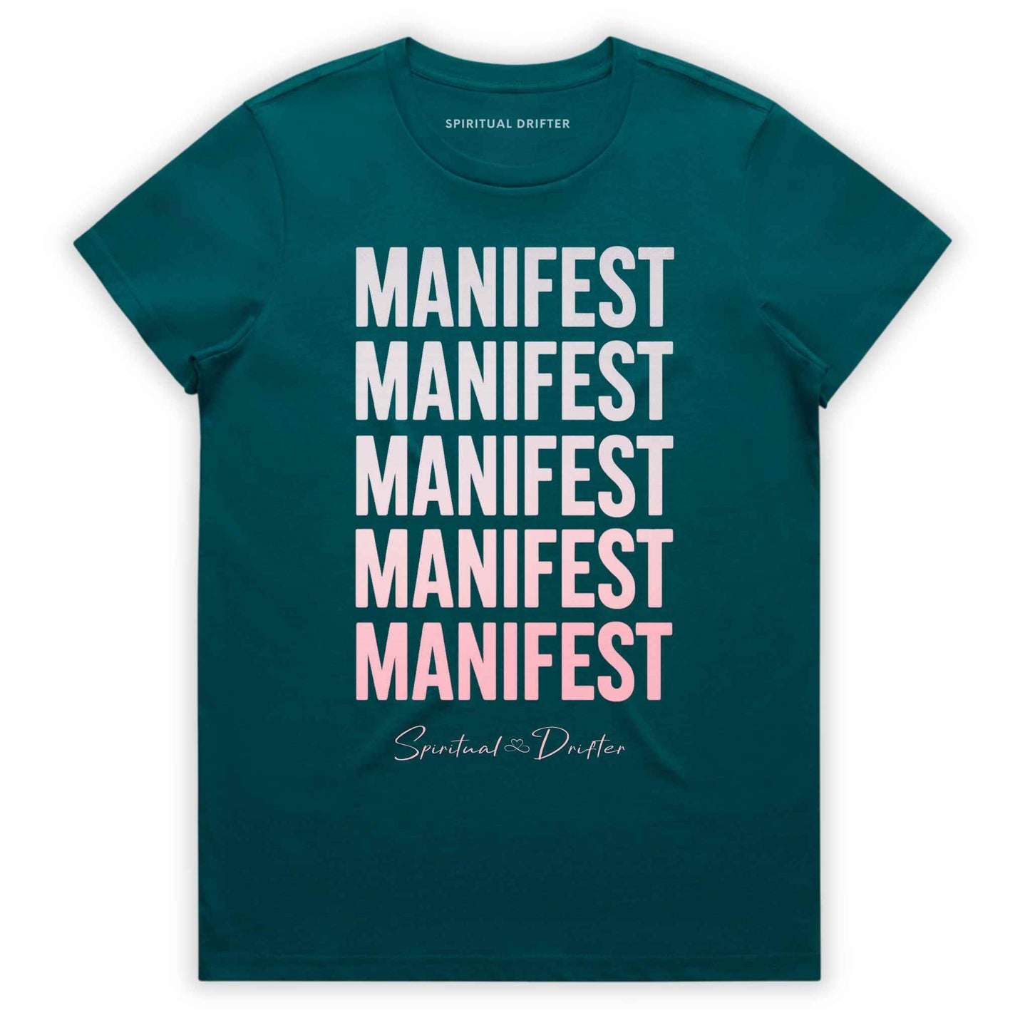 Atlantic Teal Blue Spiritual Drifter ‘Manifest Manifest Manifest’ graphic cotton t-shirt. Elevated spiritual apparel inspired by awakening, meditation, mindfulness, yoga, law of attraction and conscious living. Inspired by Abraham Hicks and the Law of Attraction. 